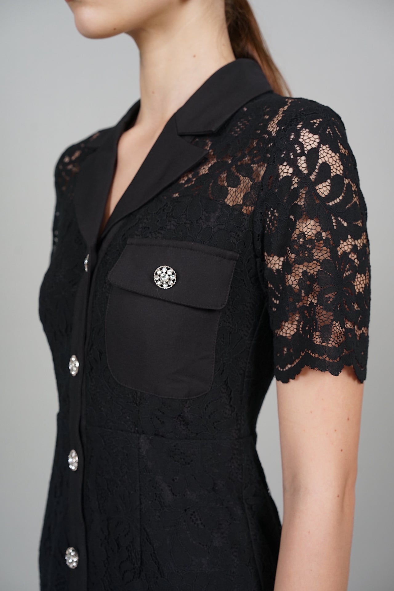 Jacquin Buttoned Midi Lace Dress in Black