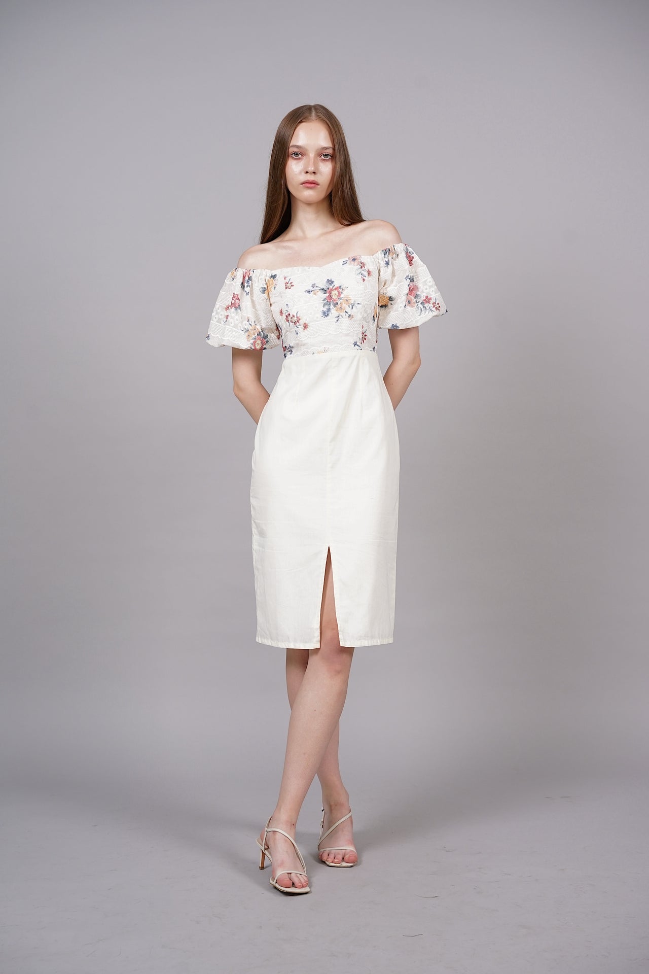 Contrast Eyelet Midi Dress in White Floral - Arriving Soon