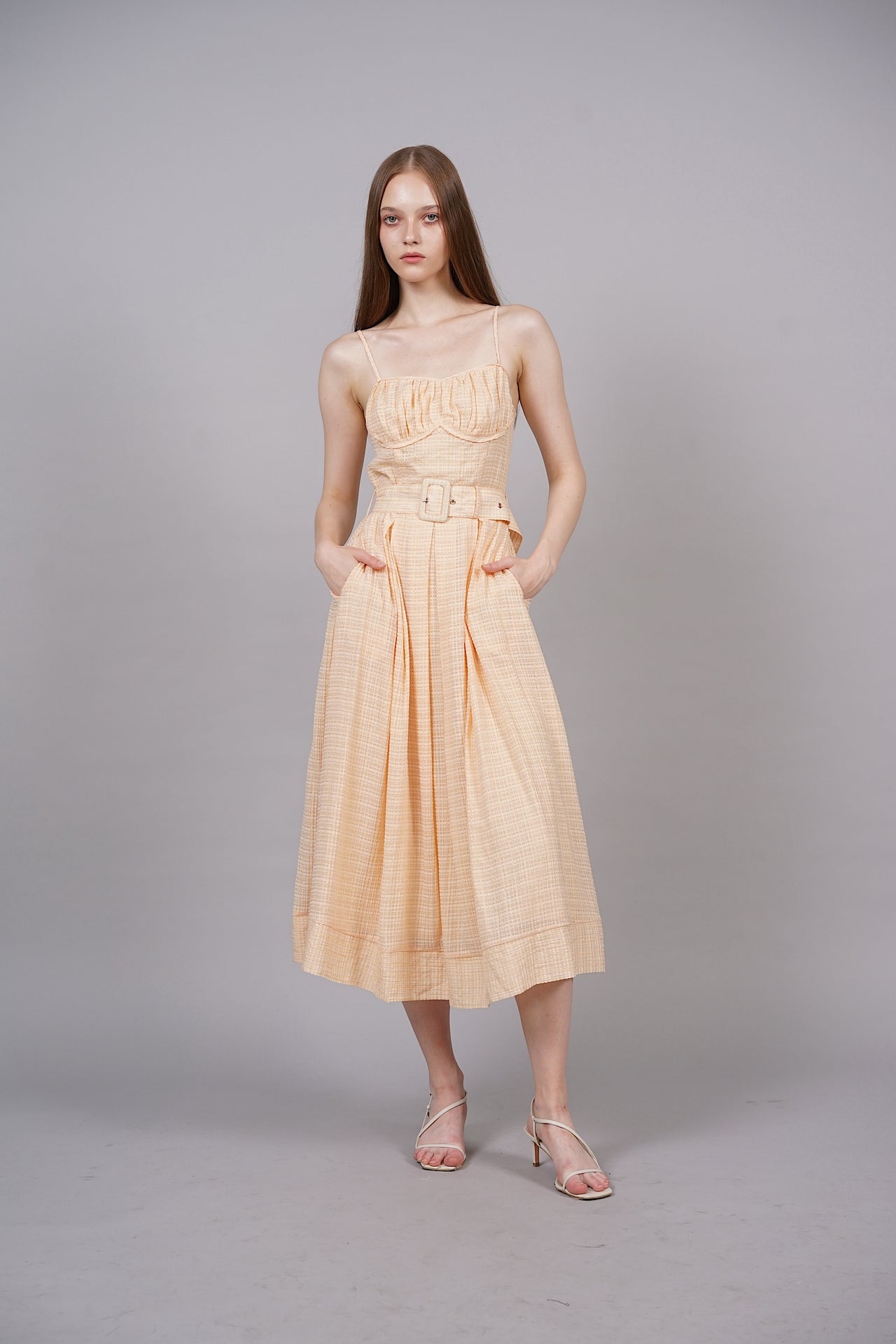 Textured Checks Midi Dress in Apricot