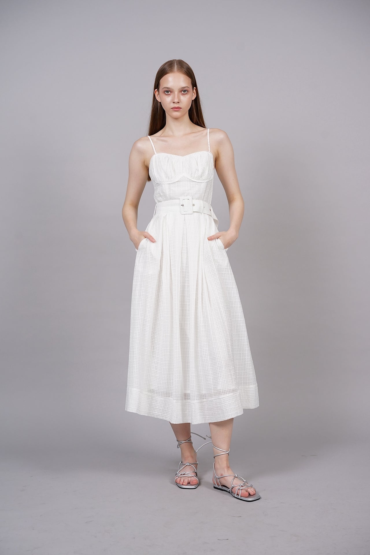 Textured Checks Midi Dress in White