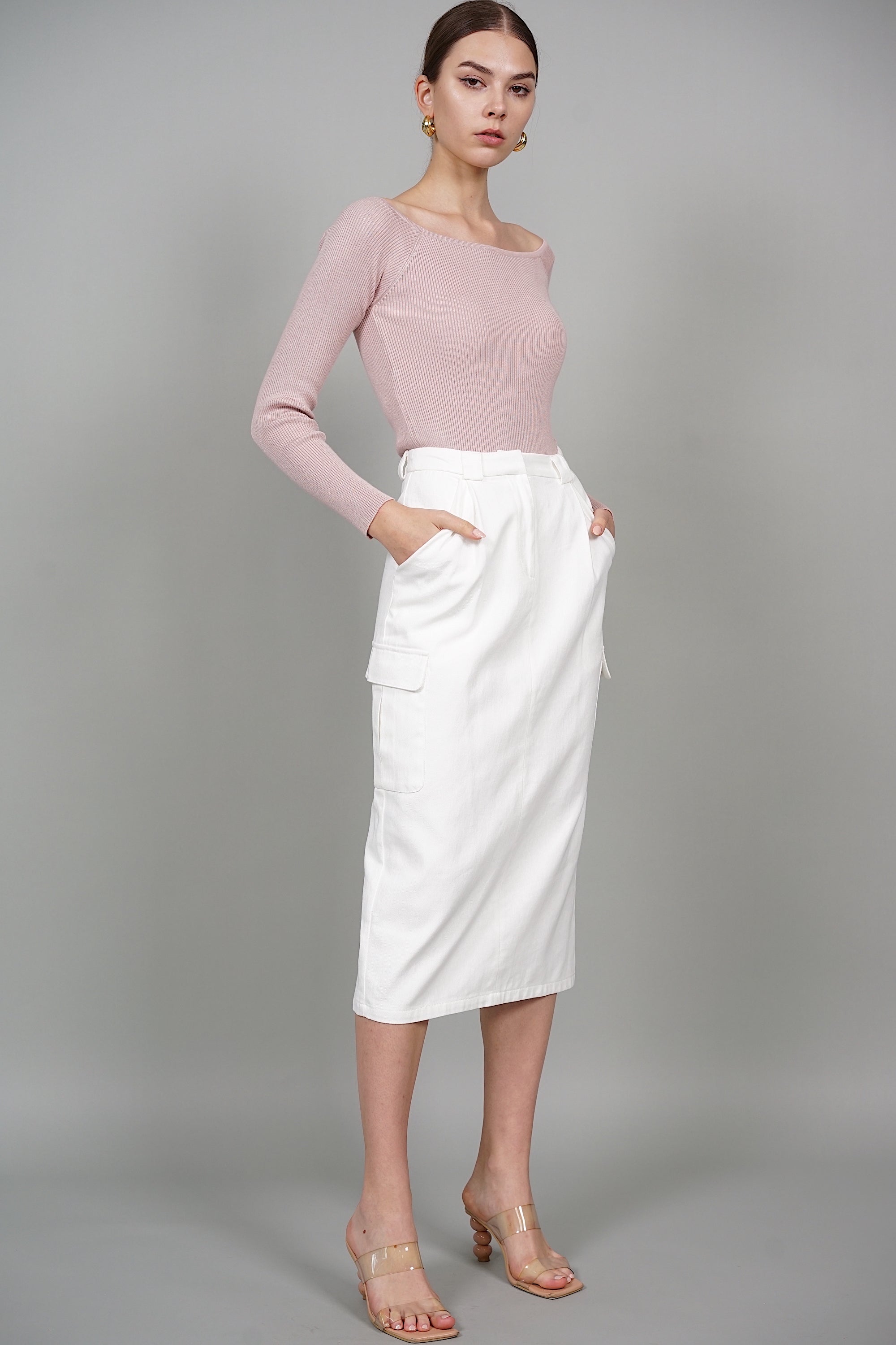 Mari Cargo Pencil Skirt in White Denim – mds.store