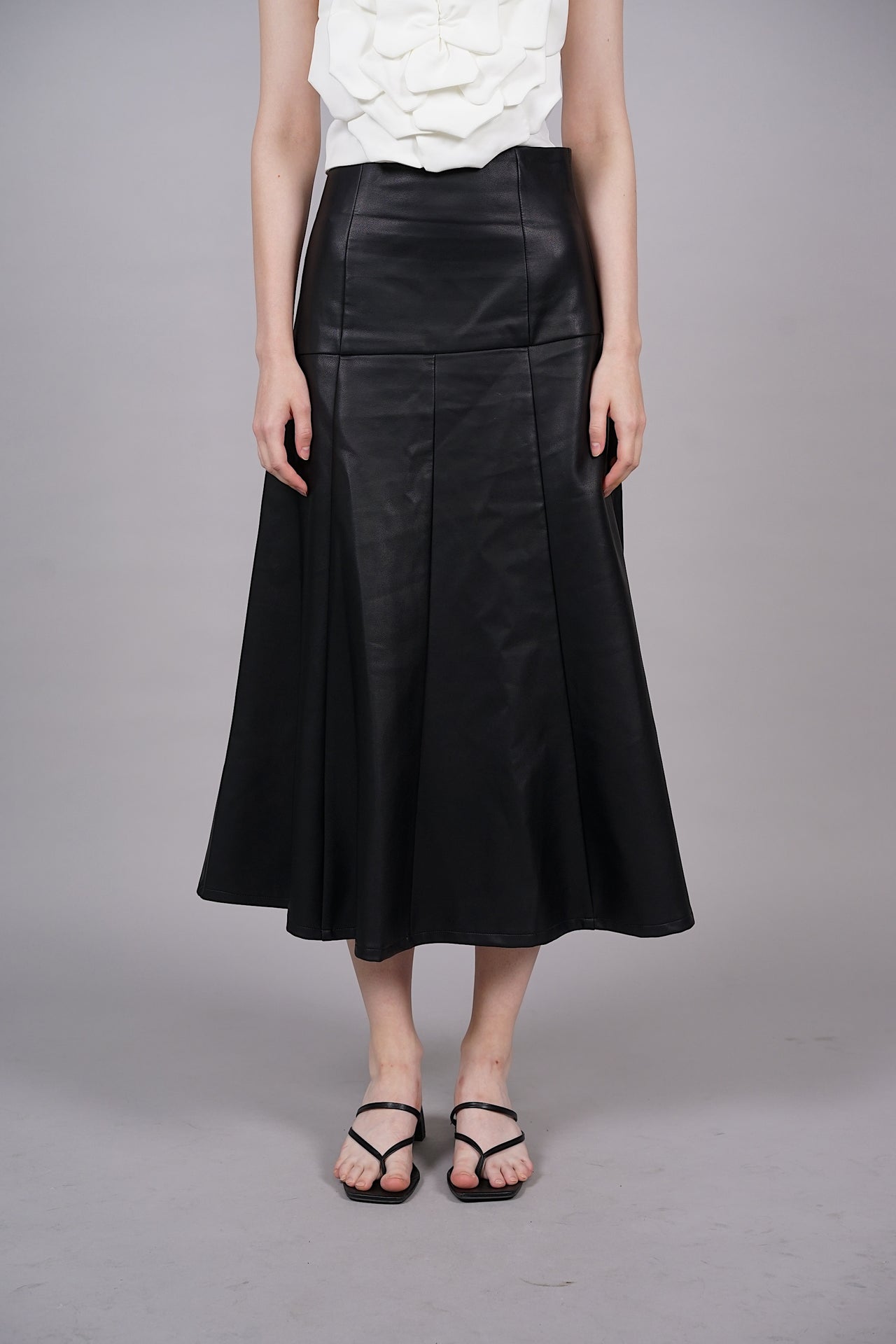 Flare Hem Leather Midi Skirt in Black - Arriving Soon