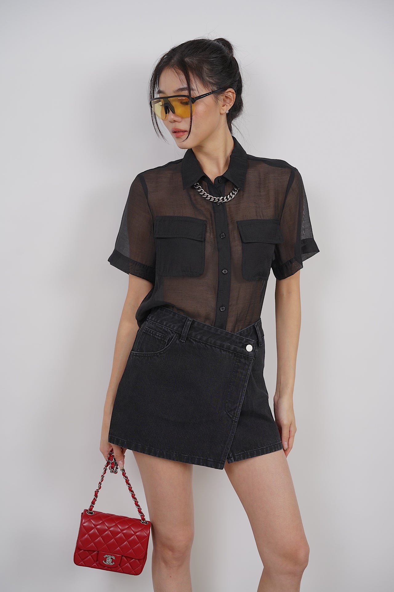 Sheer Button Top in Black