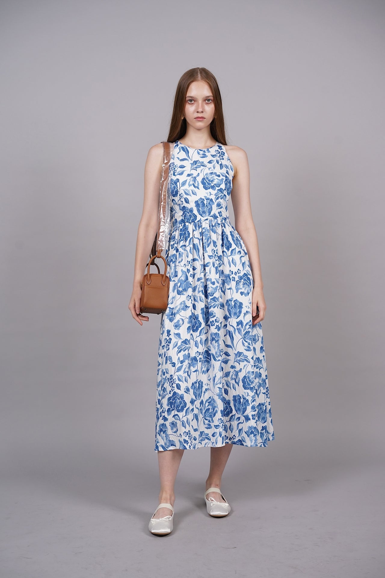 Gathered Midi Dress in Blue Floral - Arriving Soon
