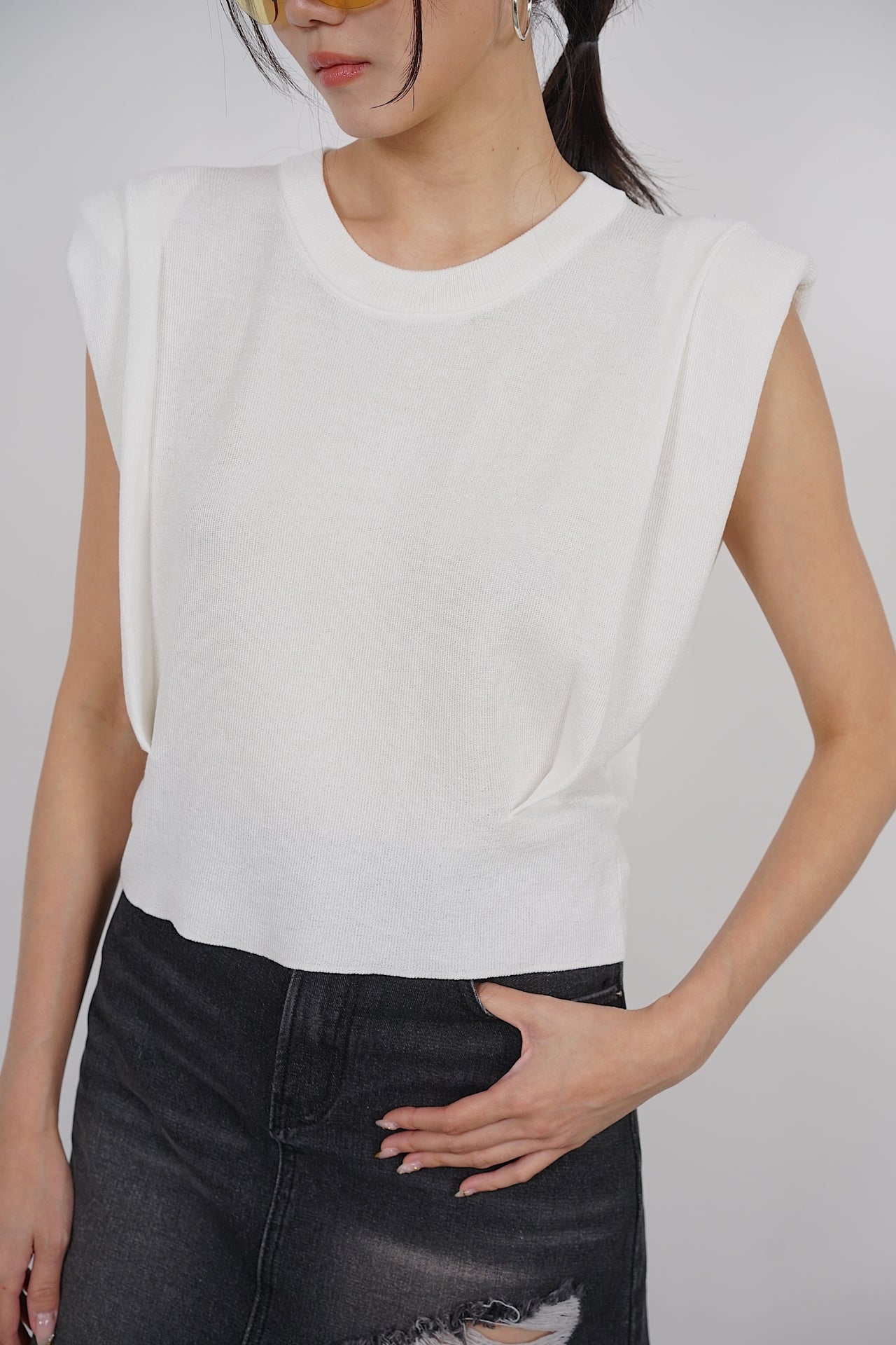 Padded Shoulder Knit Top in White