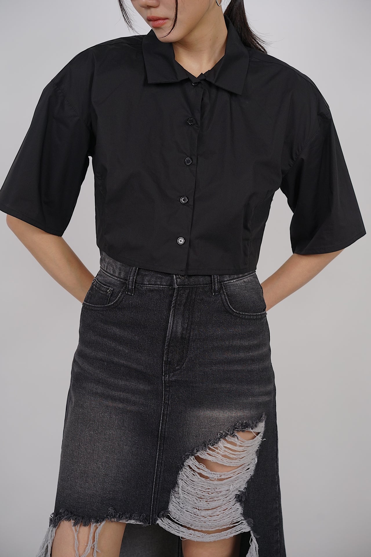 Flare Button Crop Top in Black