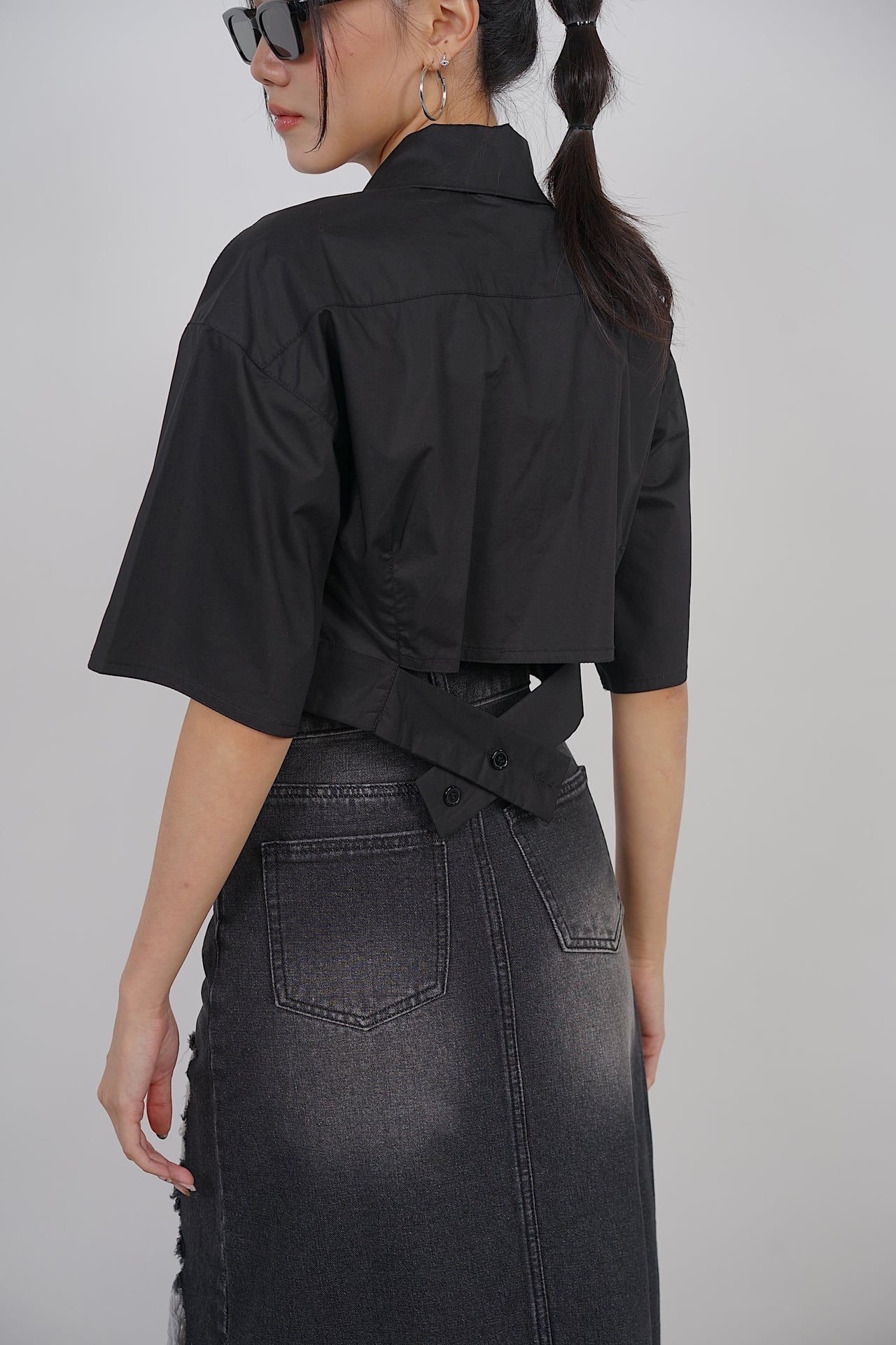 Flare Button Crop Top in Black