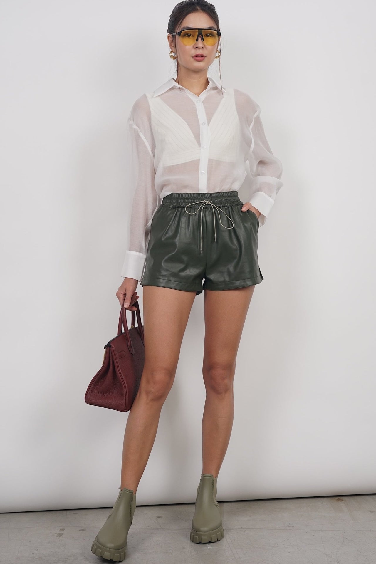 Leather Smocked Shorts in Forest Green