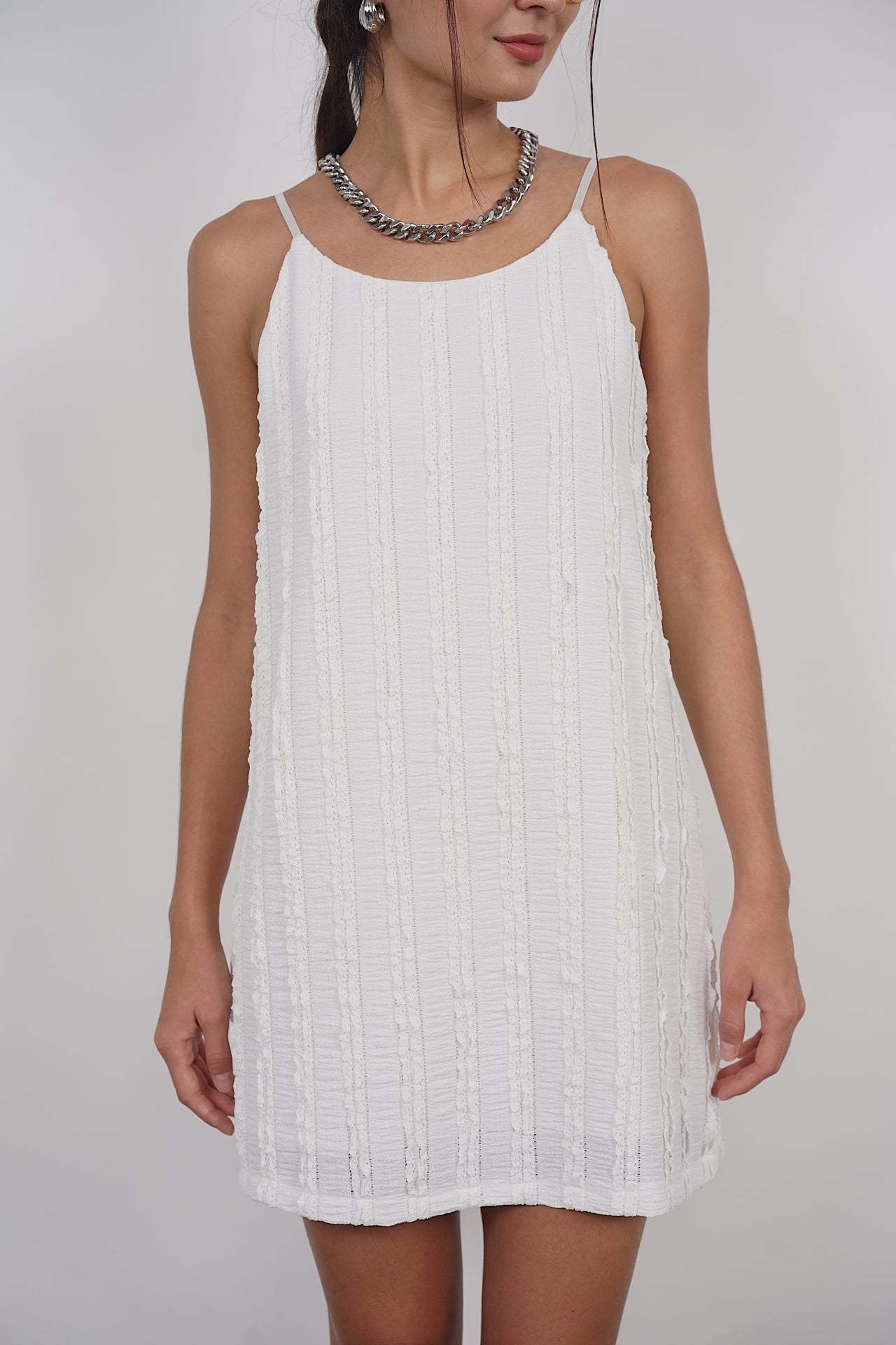 Textured Mini Cami Dress in White