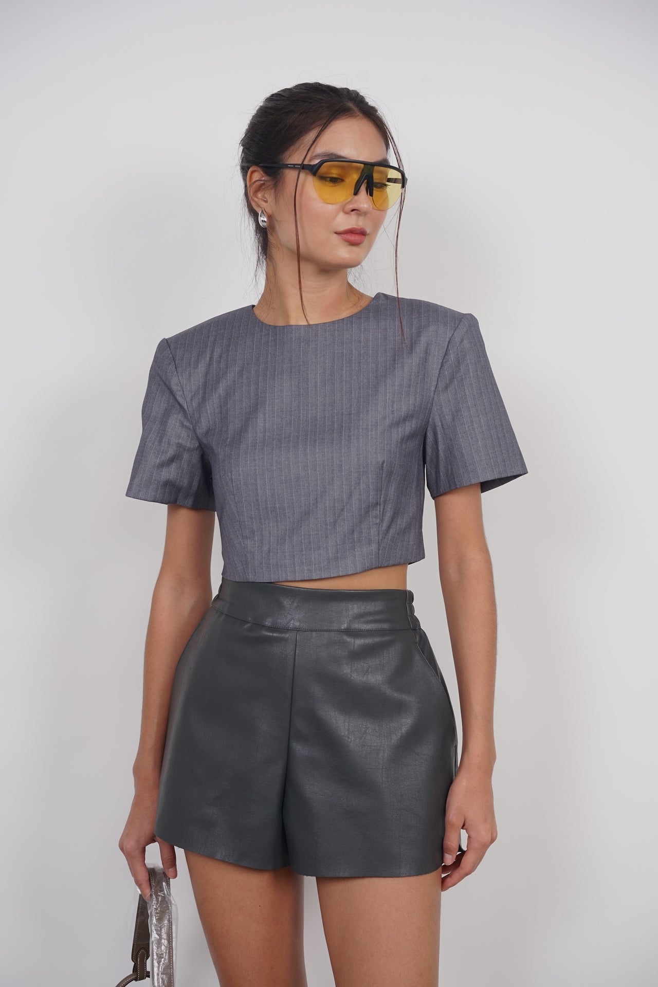 Cropped Padded Top in Grey Stripes