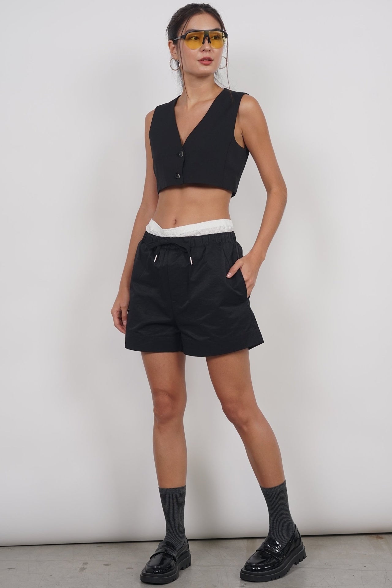 Elastic Drawstring Shorts in Black