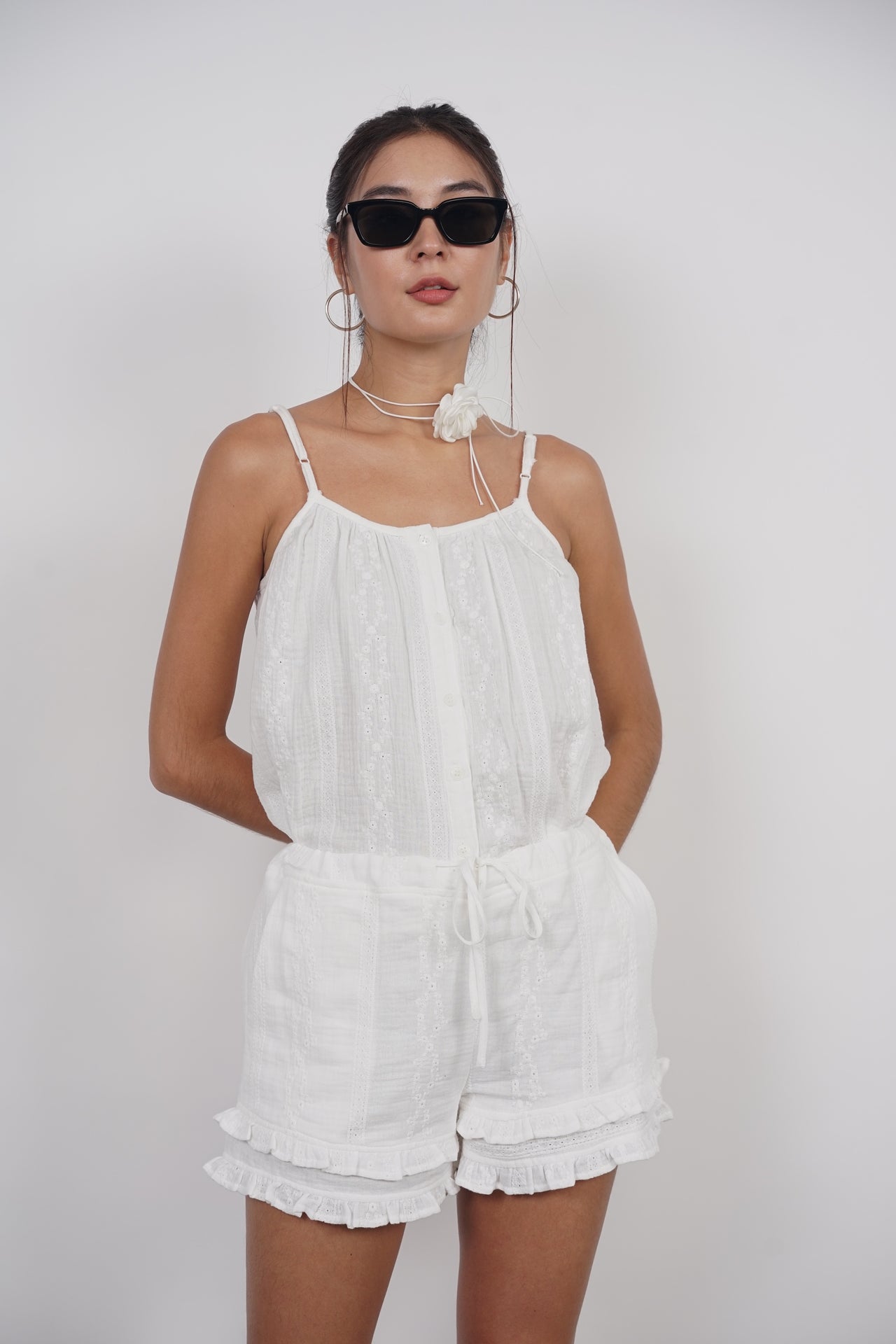 Ruffled Tie Waist Shorts in White