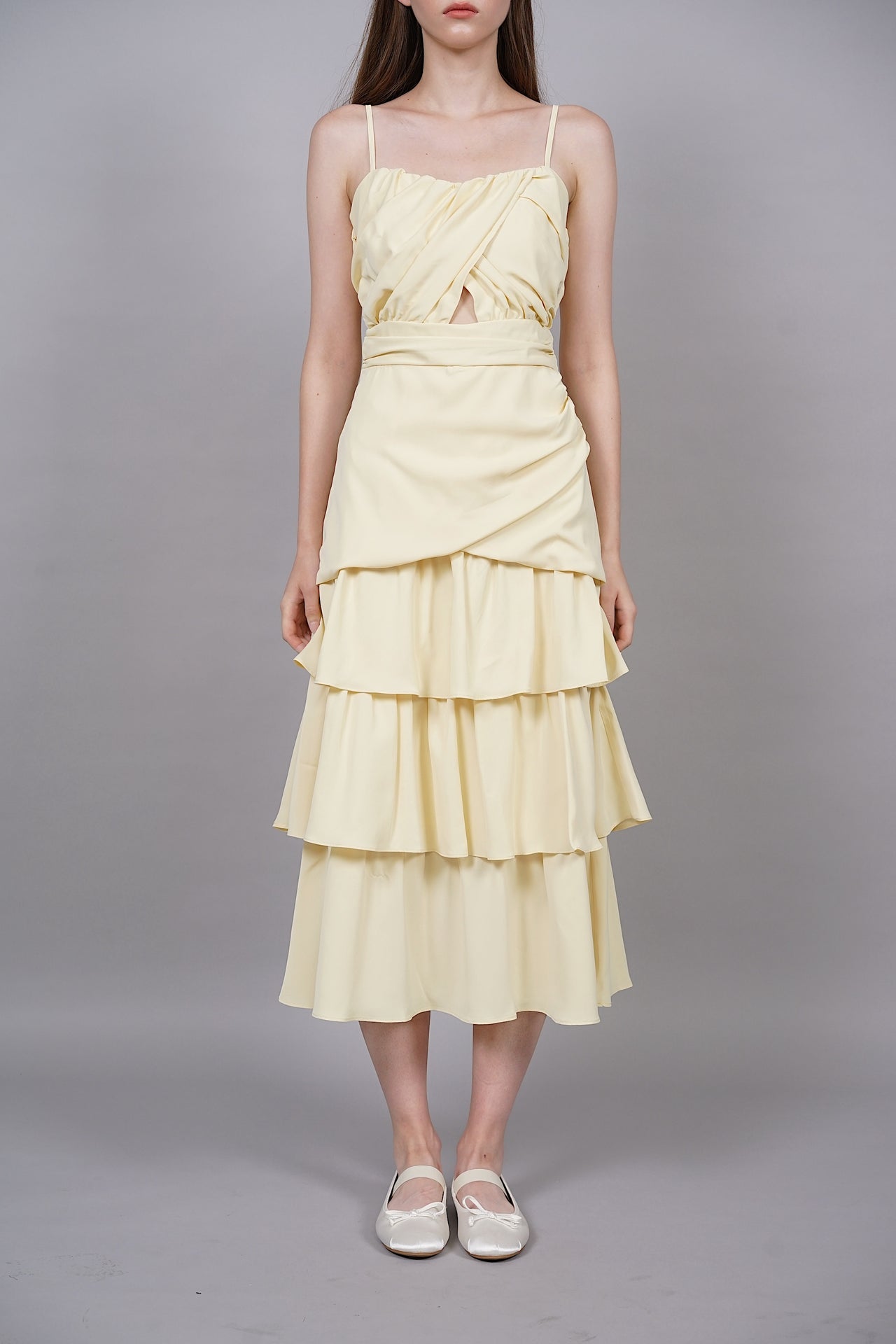 Ruched Tiered Dress in Yellow