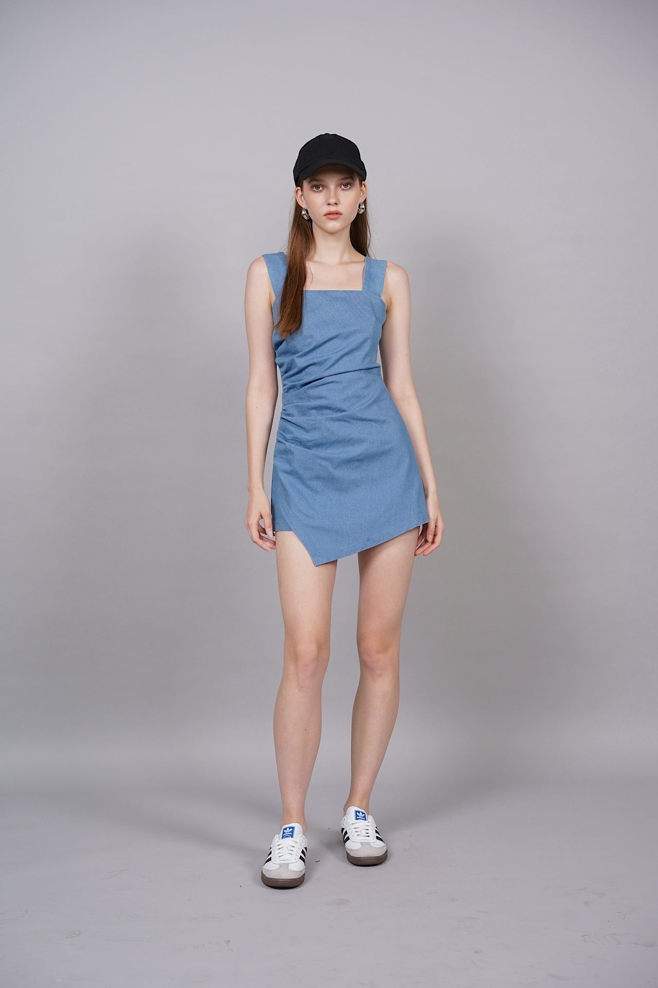 Draped Denim Romper in Blue