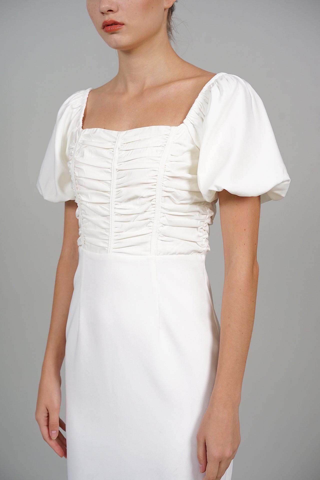 Jaylah Ruched Midi Dress in White
