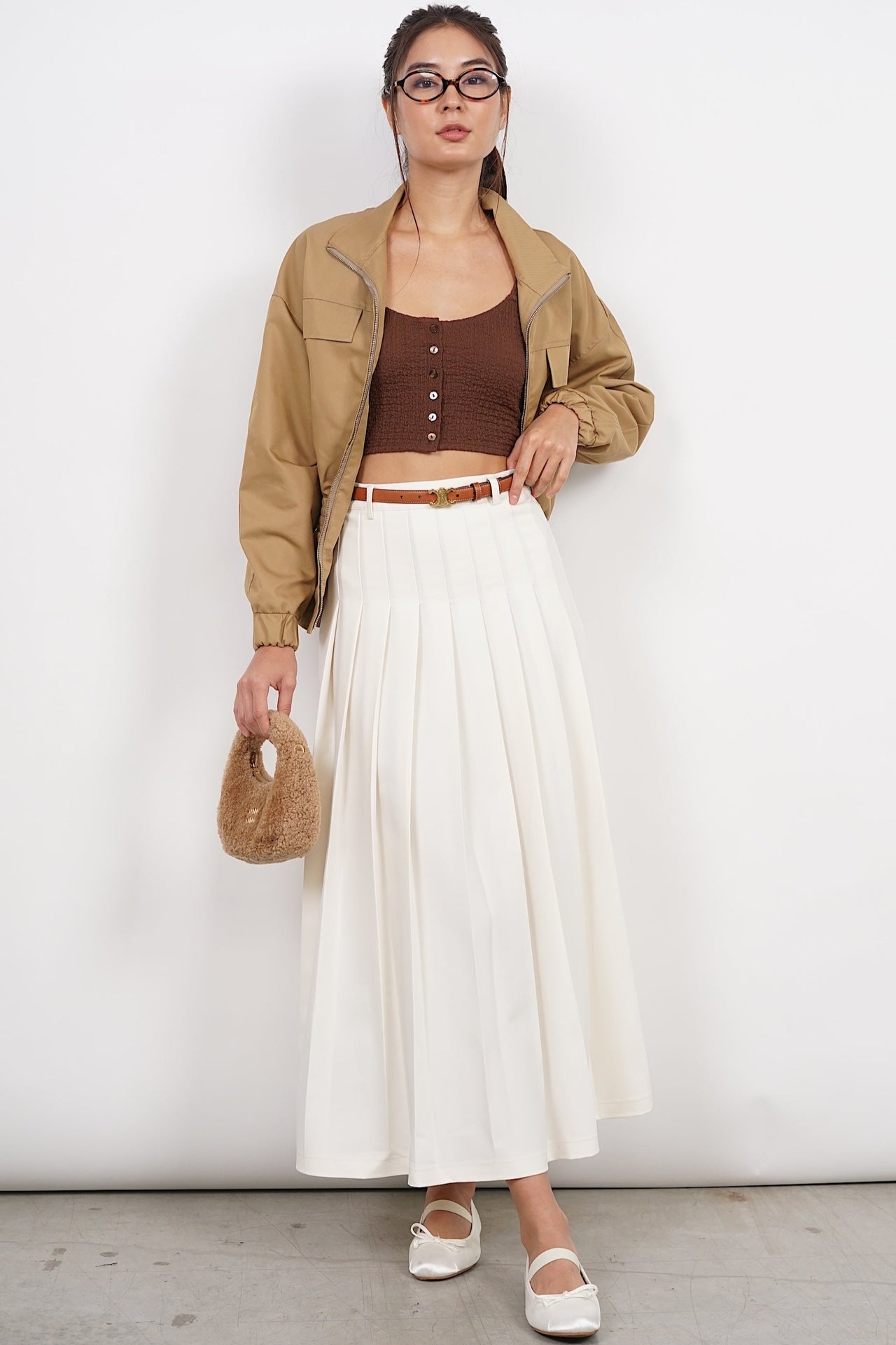 Textured Cami Button Crop Top in Mocha