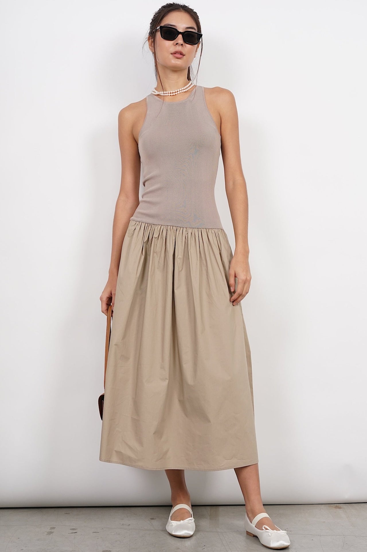 Dropwaist Gathered Dress in Khaki