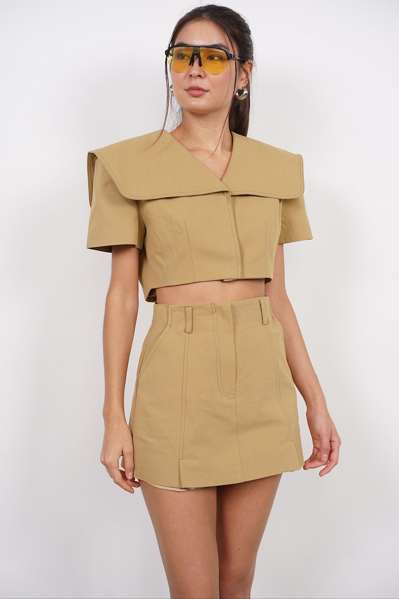 Cape Collar Button Top in Khaki