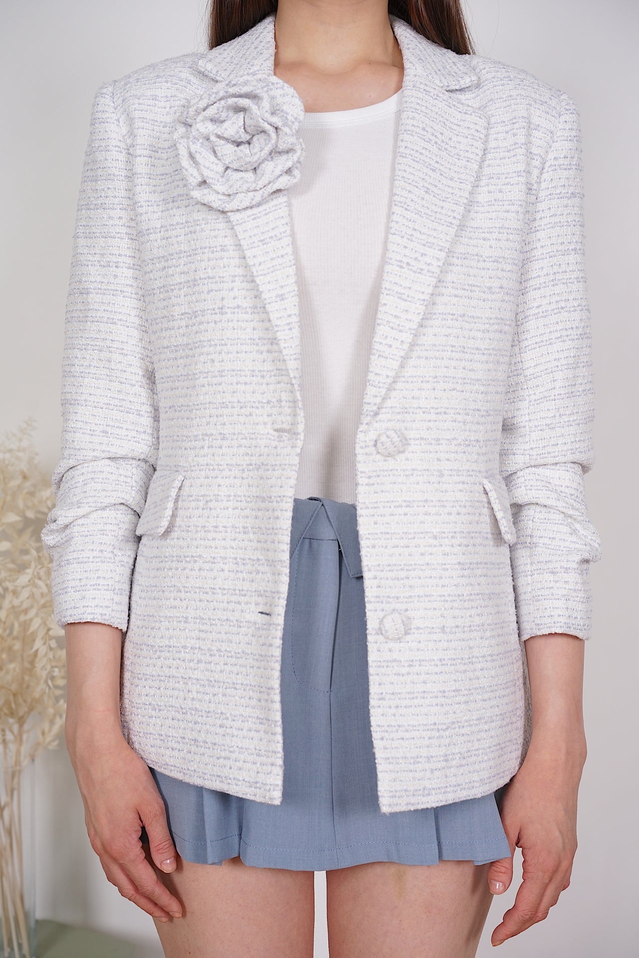Kian Rosette Tweed Blazer in Periwinkle White
