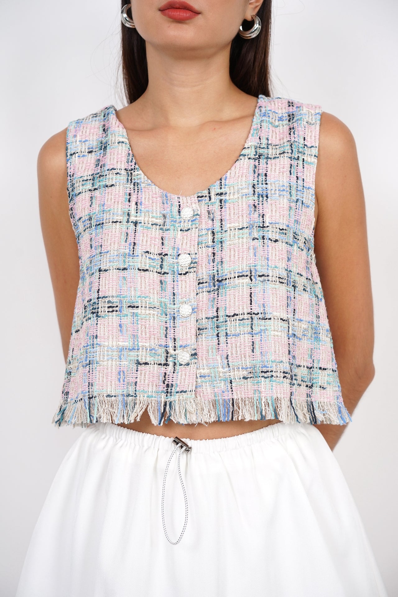 Sleevless Tweed Fray Hem Top in Pink