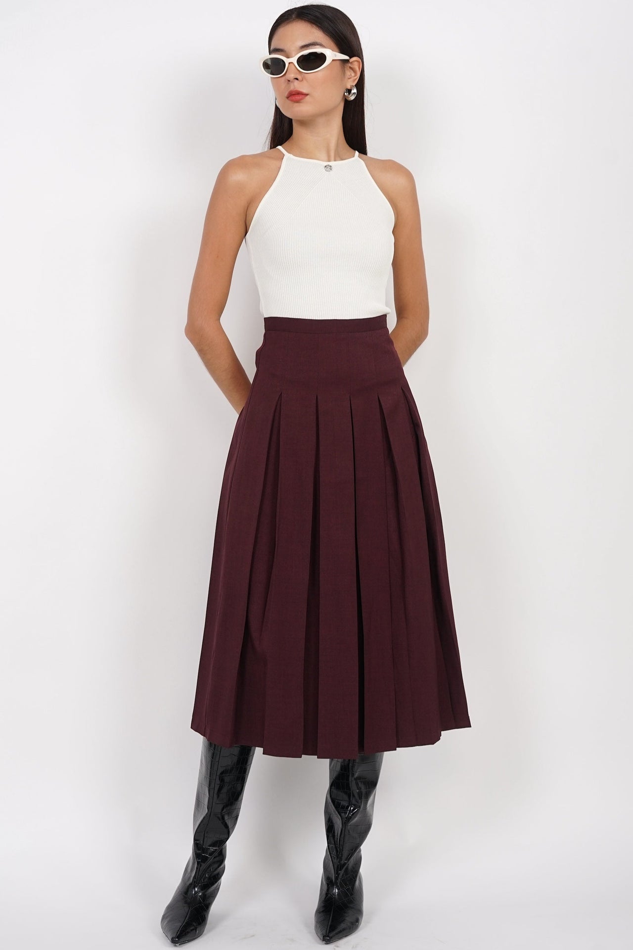 Box Pleated Skirt in Burgundy