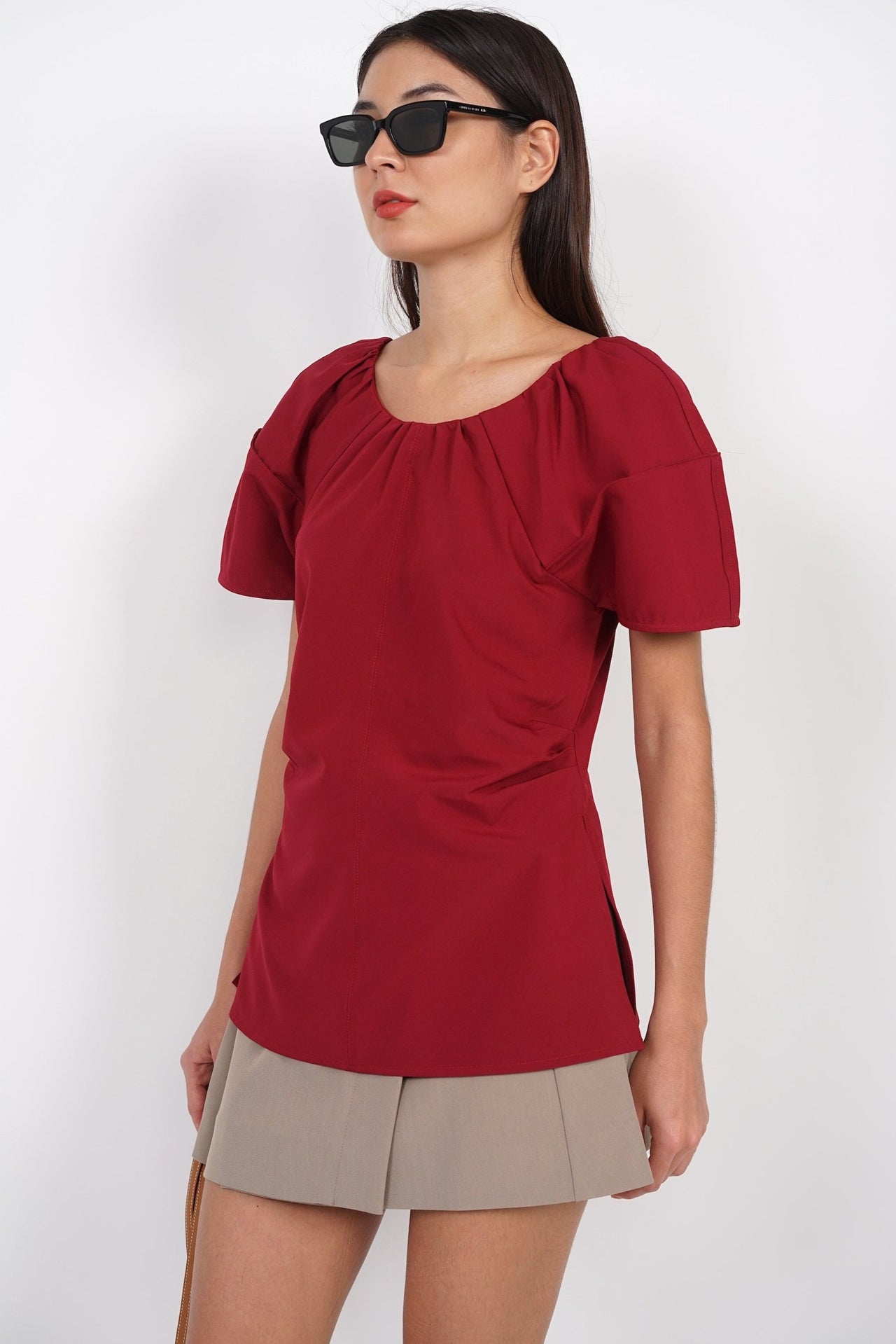 Gathered Scoop Neck Top in Burgundy