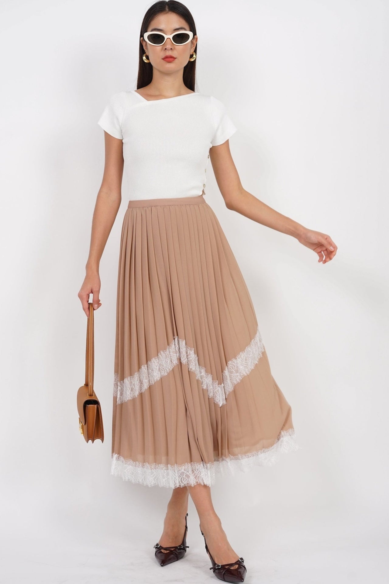 Flowy Pleated Lace Skirt in Nude