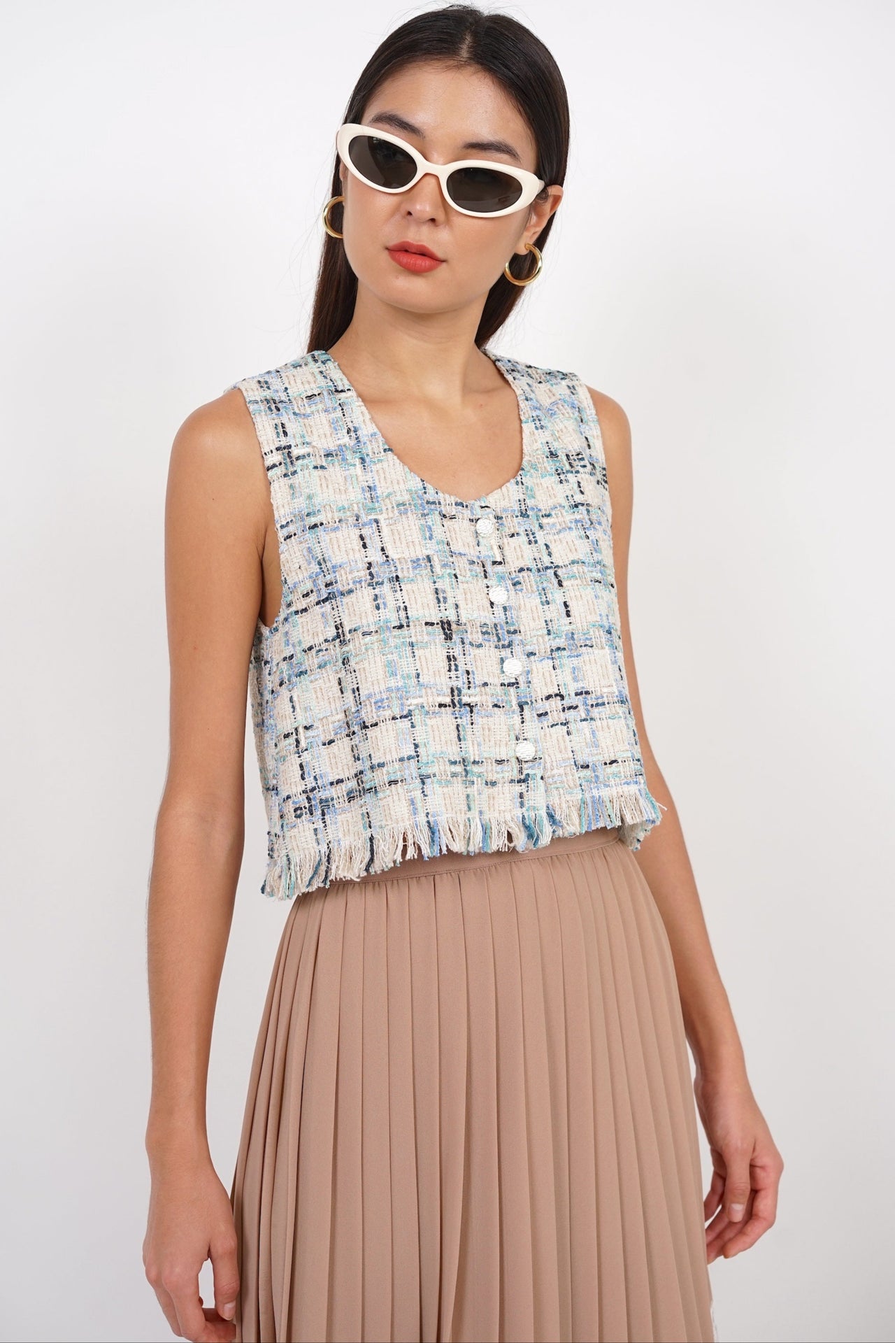 Sleeveless Tweed Fray Hem Top in Blue