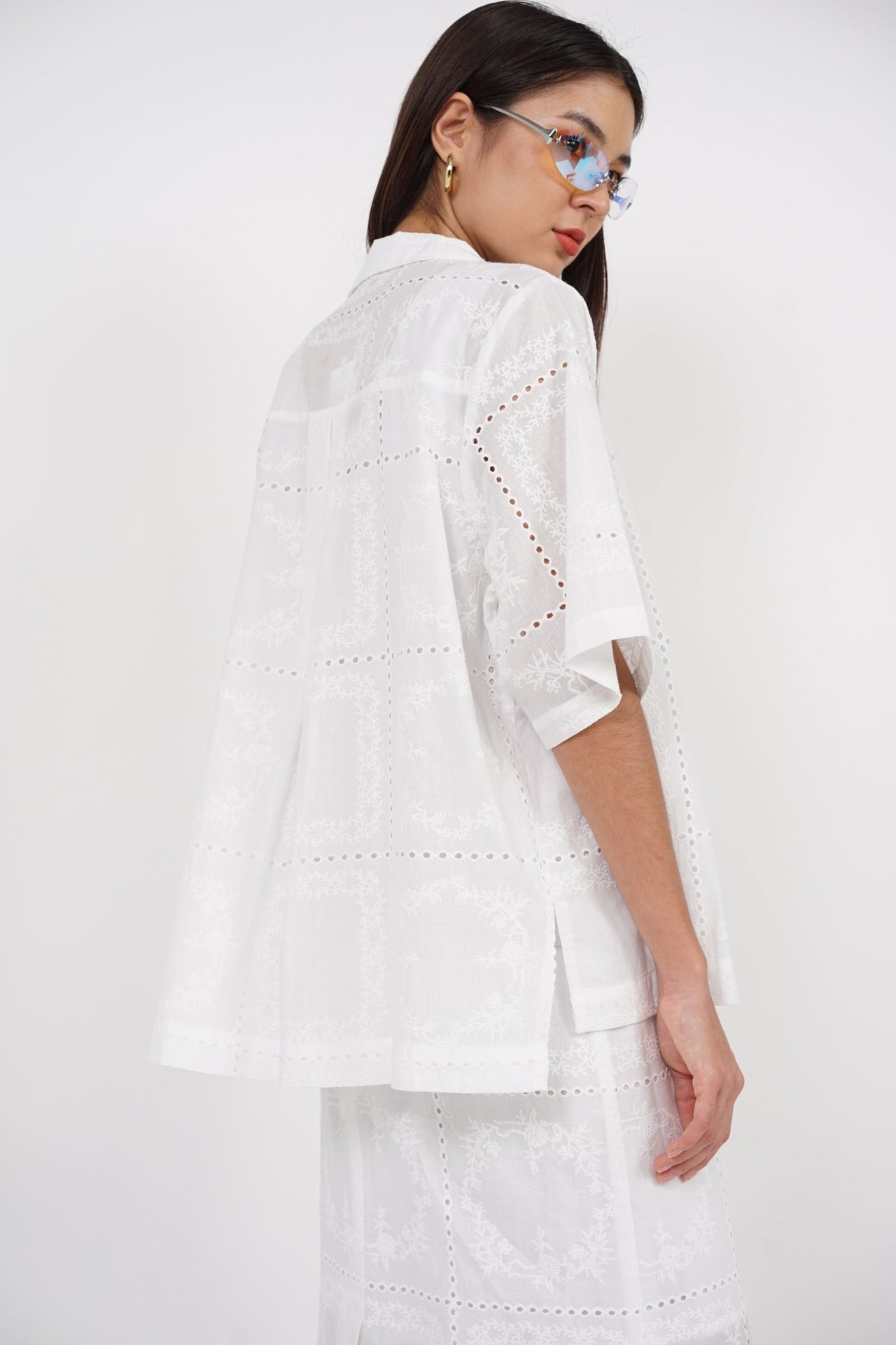 Eyelet Oversized Button Top in White