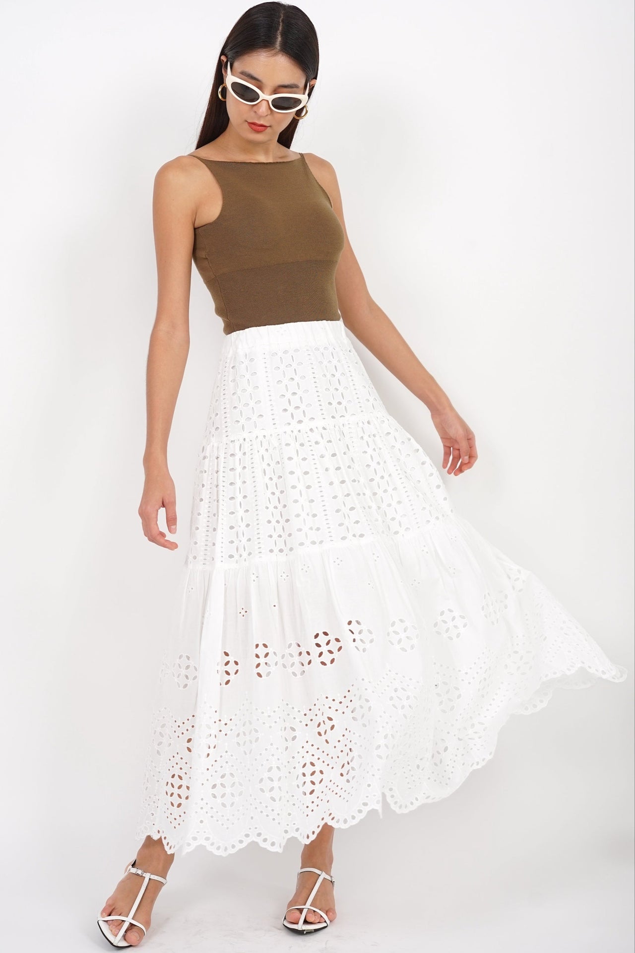 Eyelet Tiered Skirt in White