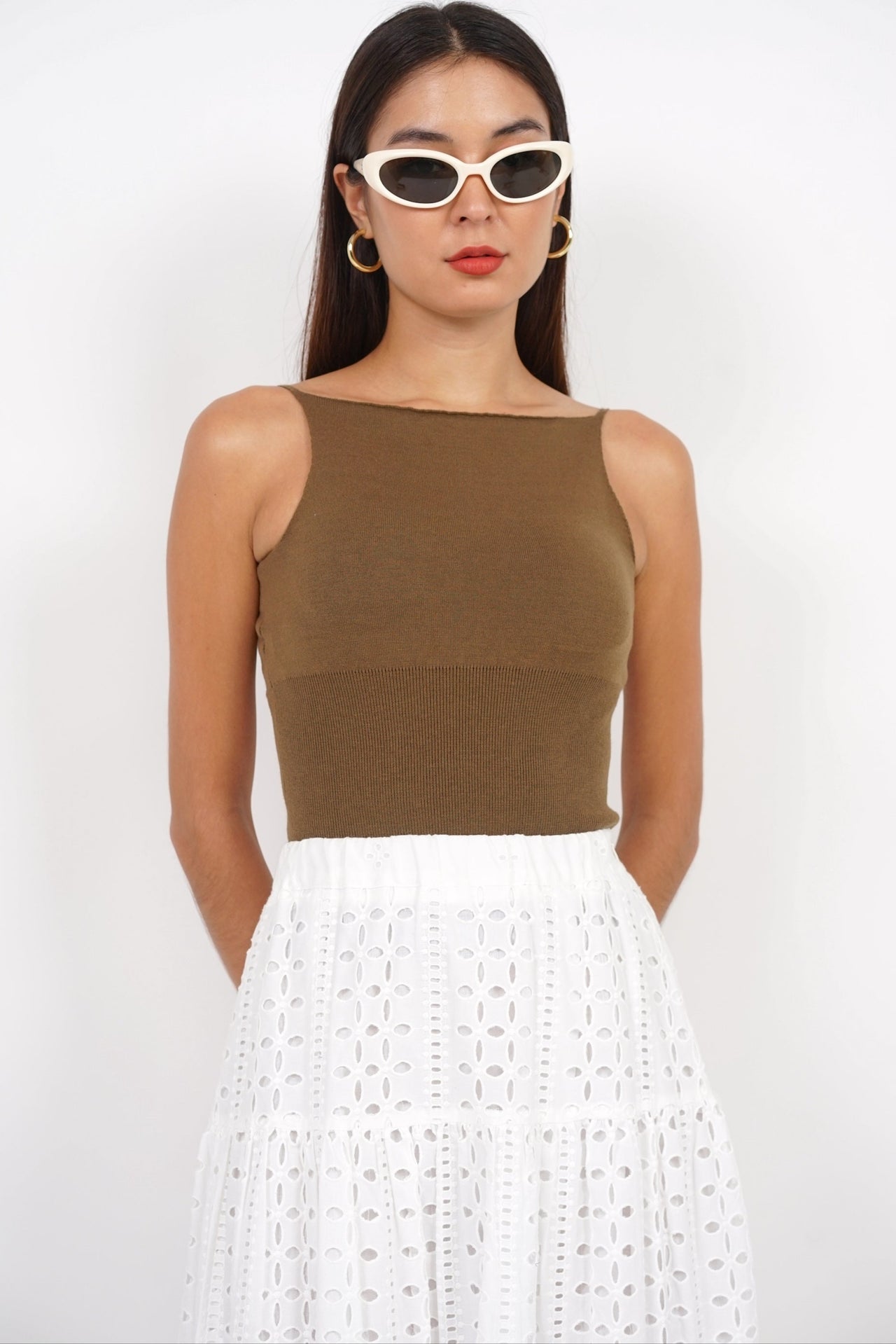 Padded Halter Neck Knit Top in Olive