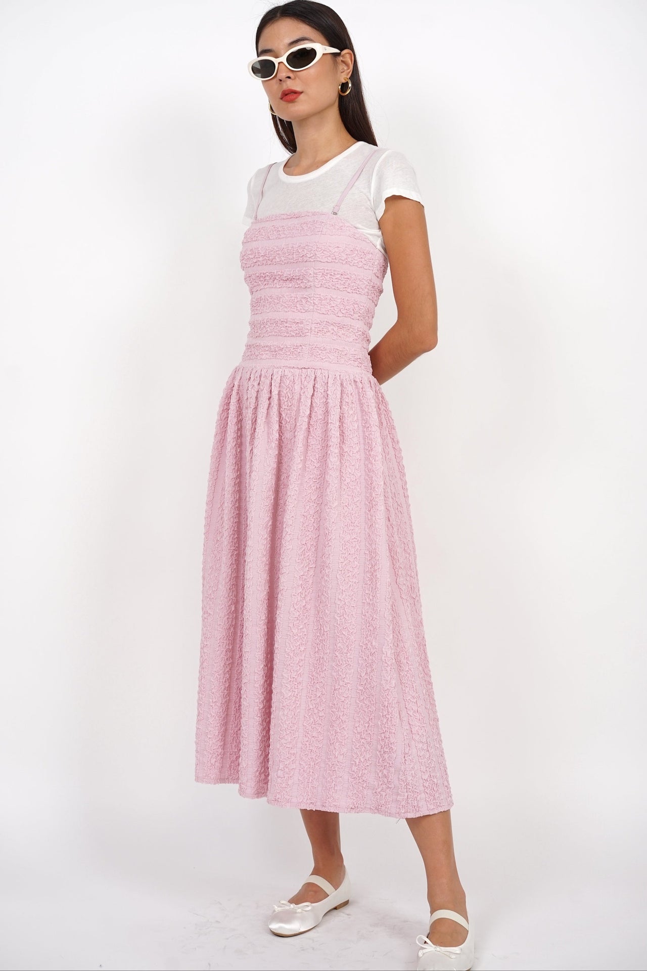 Textured Gathered Midi Dress in Pink