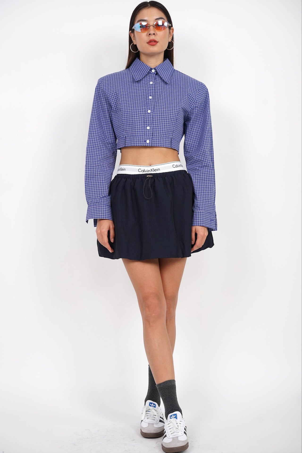 Long Sleeve Crop Button Top in Dark Blue Checks