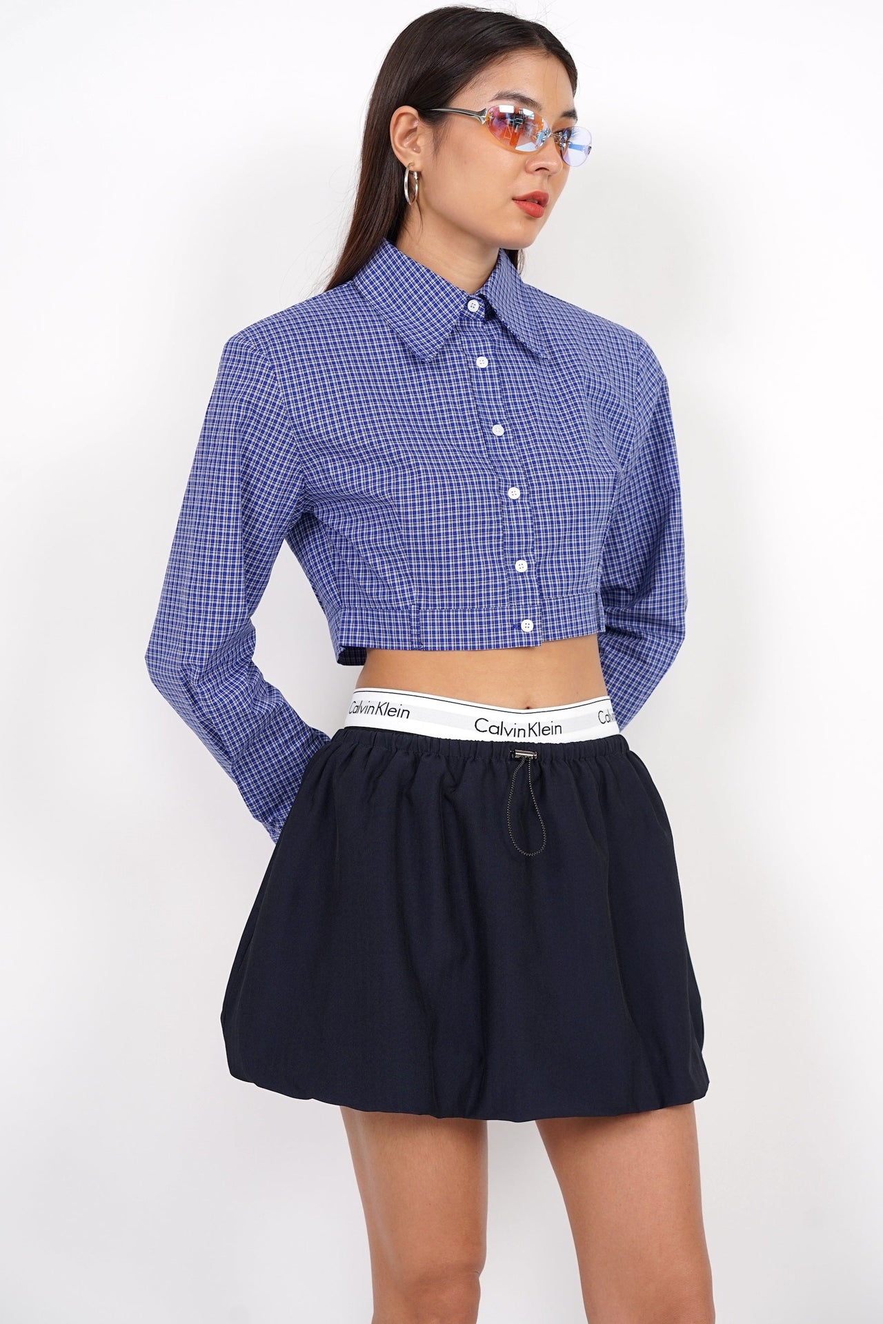 Long Sleeve Crop Button Top in Dark Blue Checks