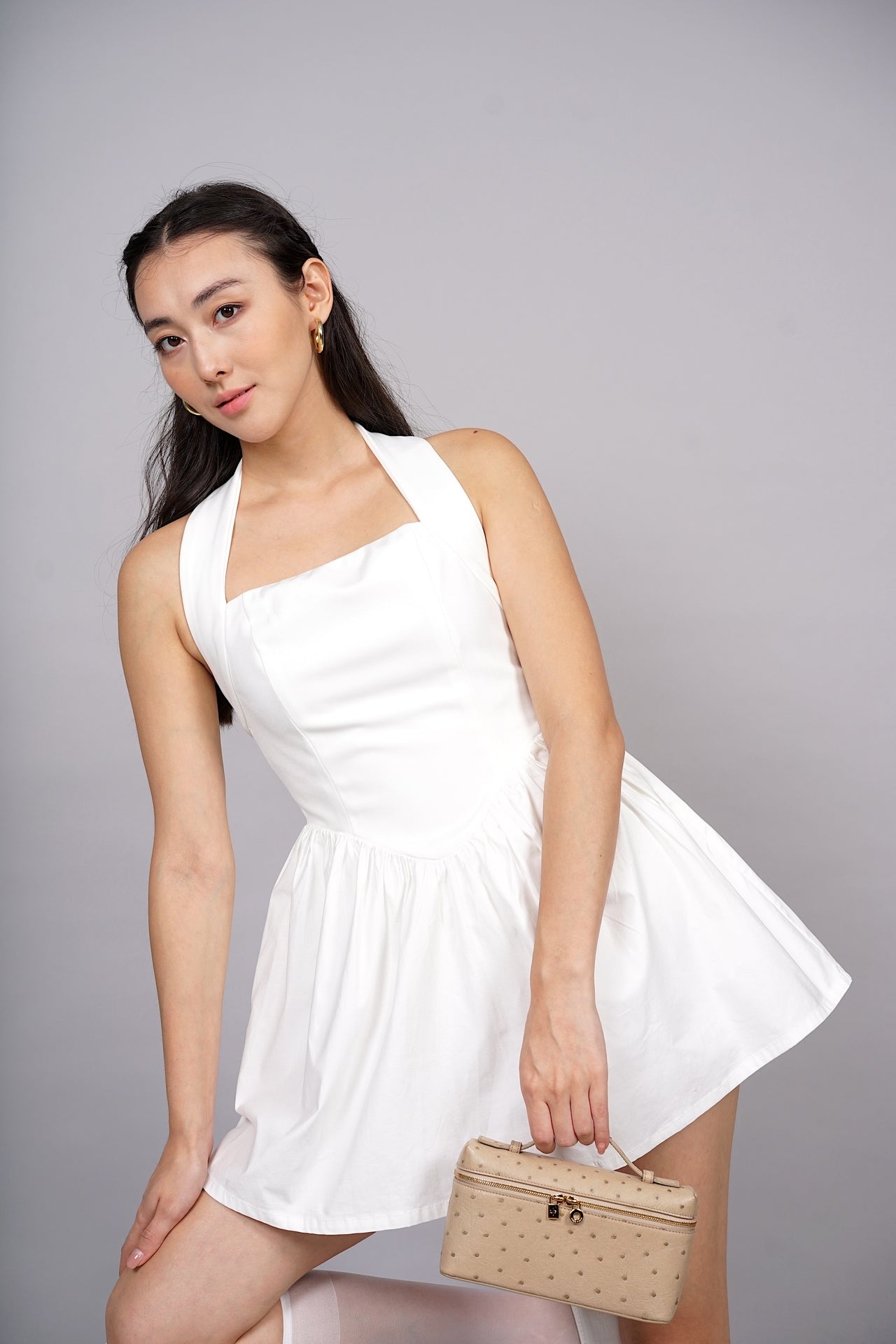 Puffy Halter Neck Romper in White