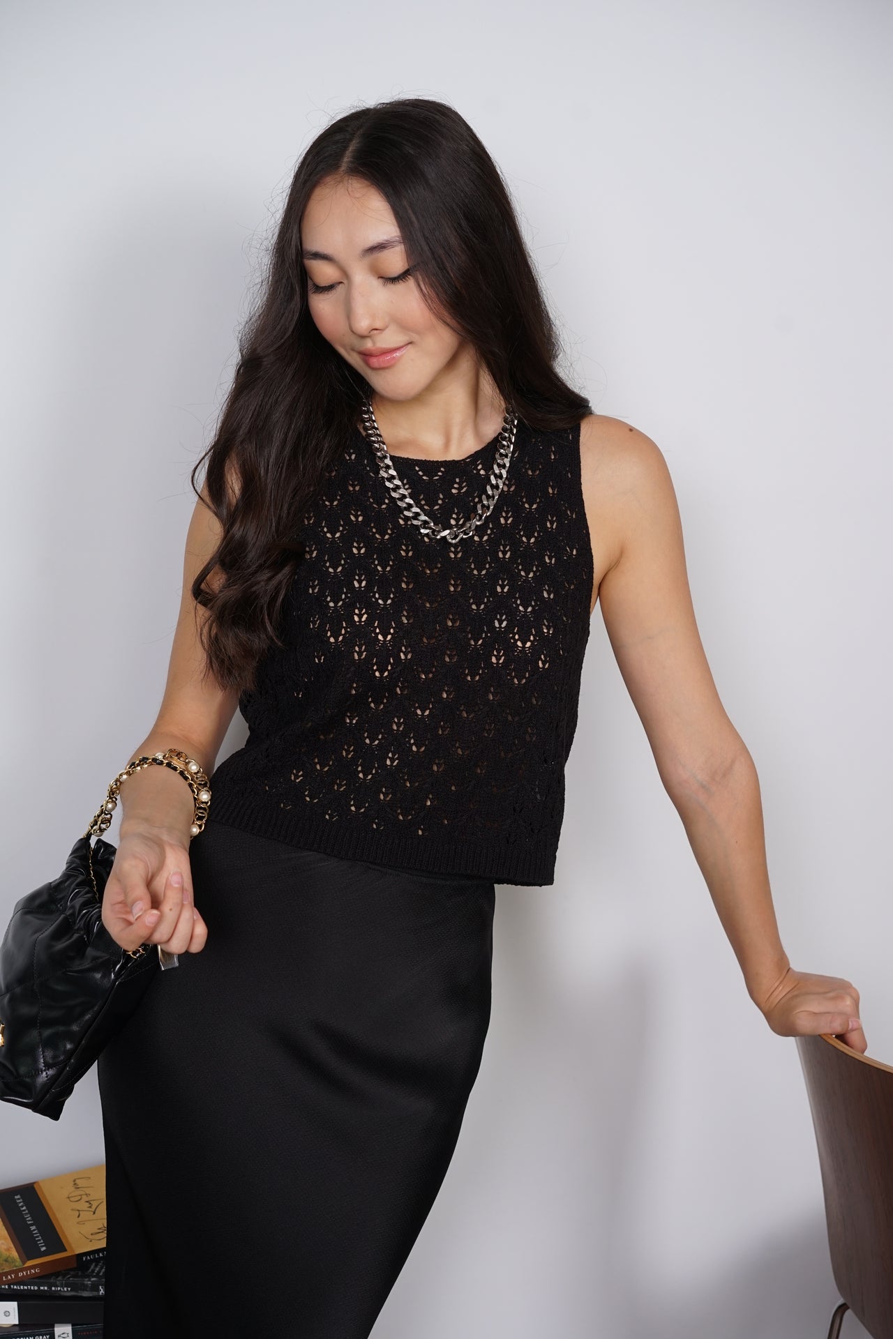 Macrame Knit Tank Top in Noir