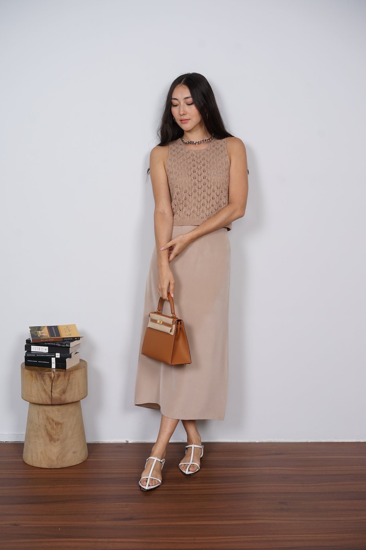 Macrame Knit Tank Top in Camel