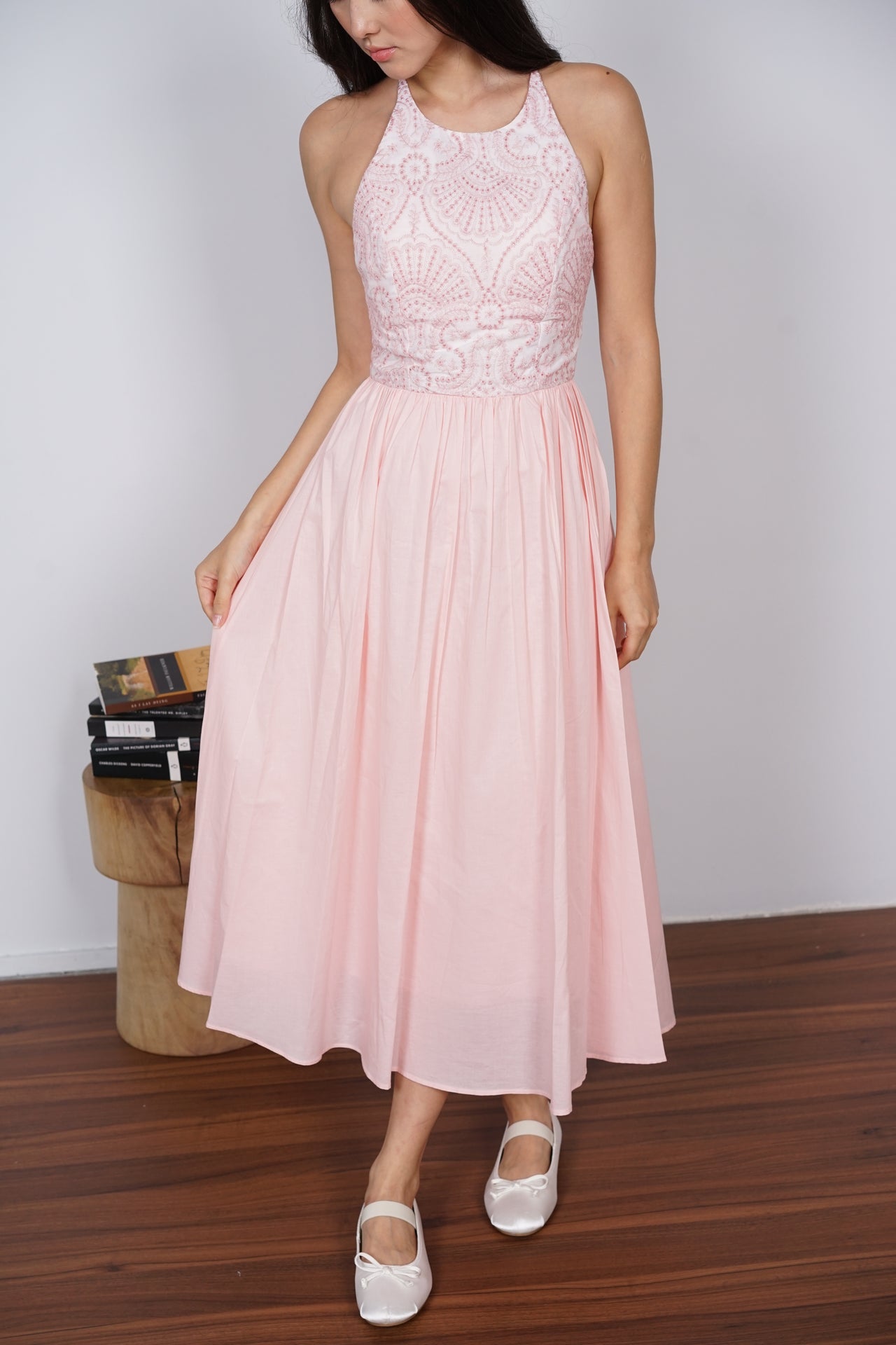 Gathered Midi Dress in Pink Eyelet