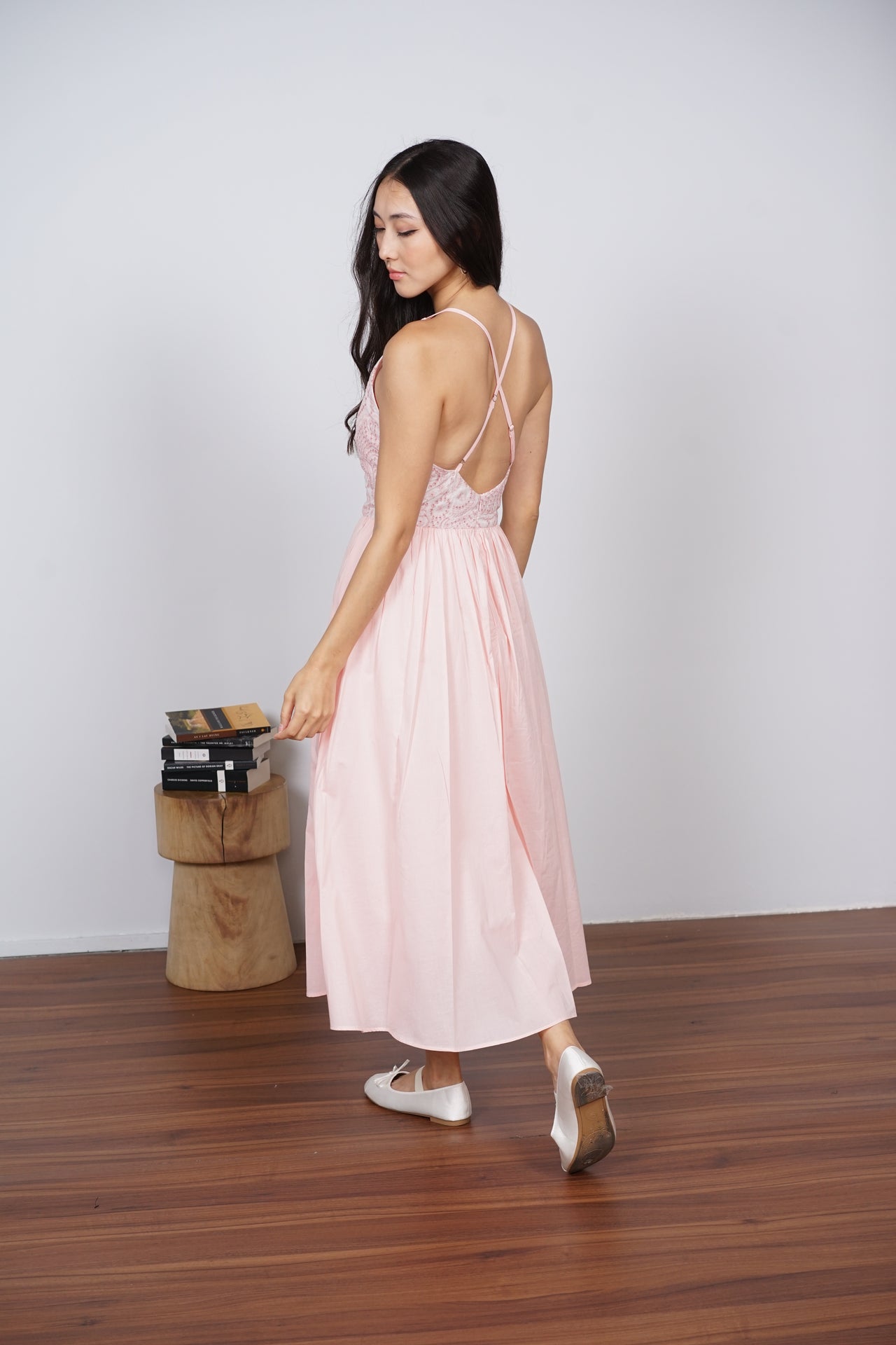 Gathered Midi Dress in Pink Eyelet