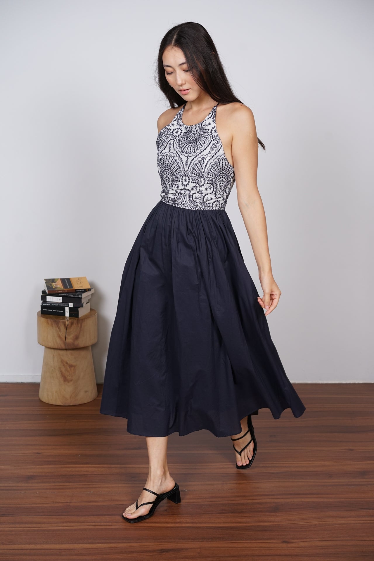 Gathered Midi Dress in Midnight Eyelet