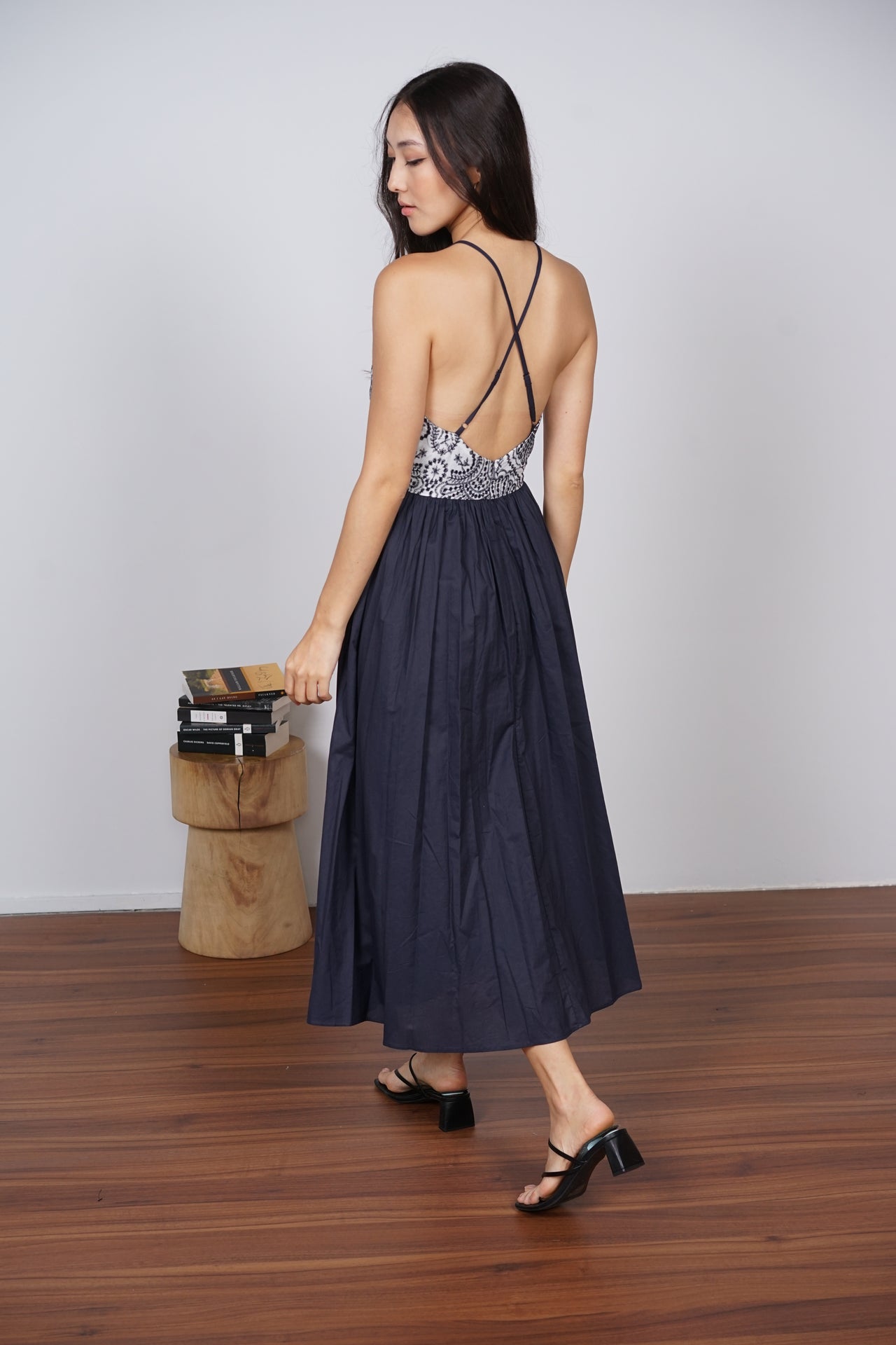 Gathered Midi Dress in Midnight Eyelet