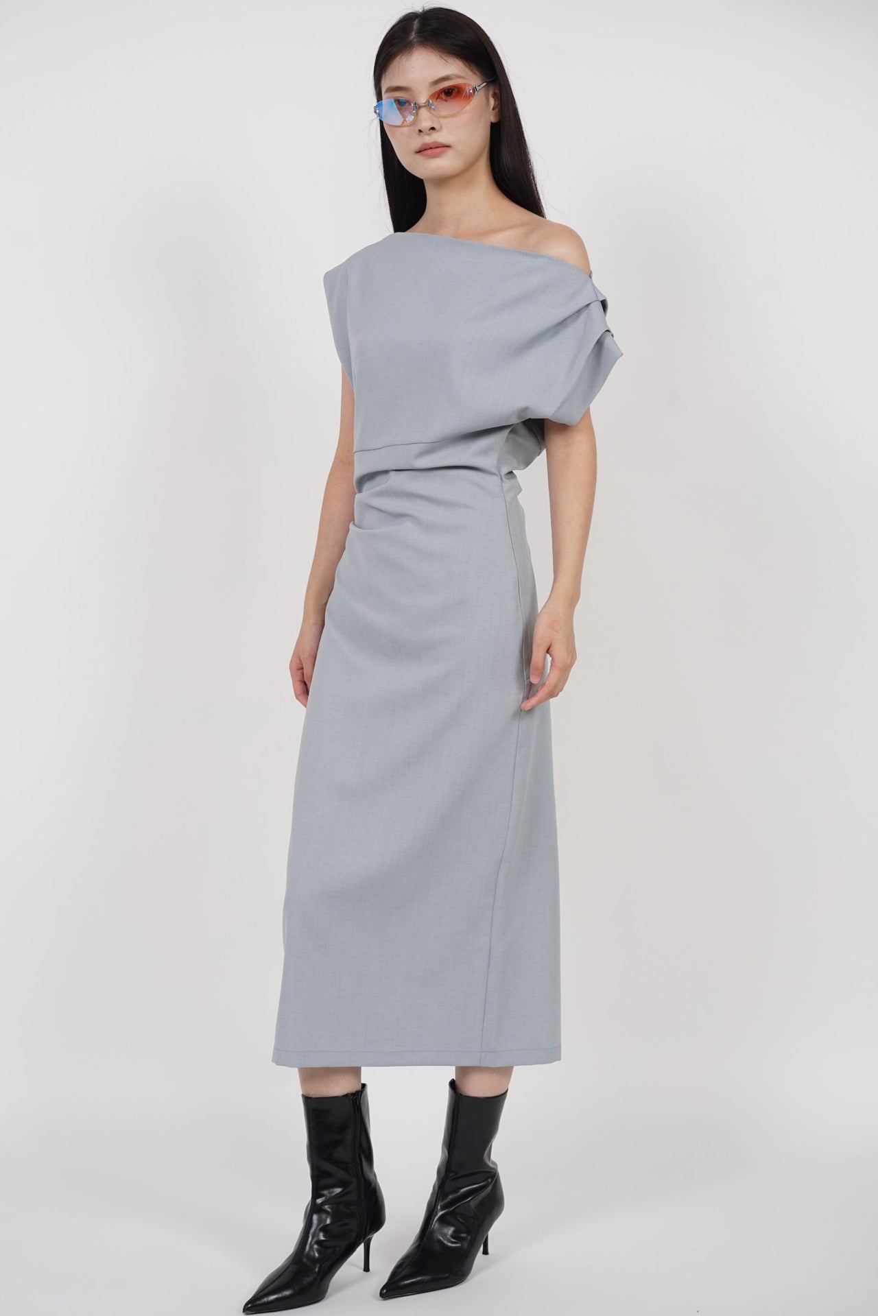 Boat Neck Draped Dress in Dusty Blue