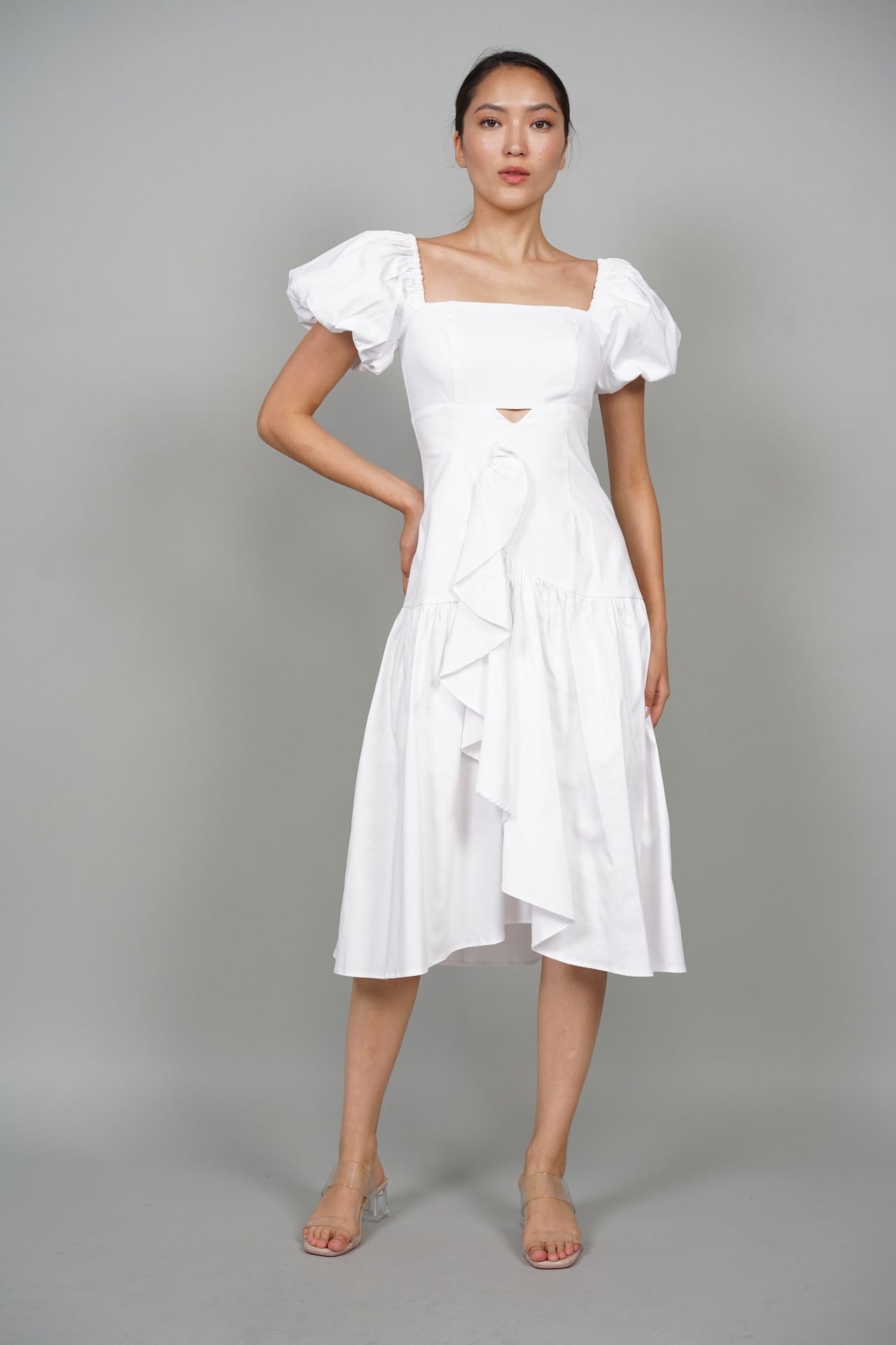 Syphon Frill Midi Dress in White