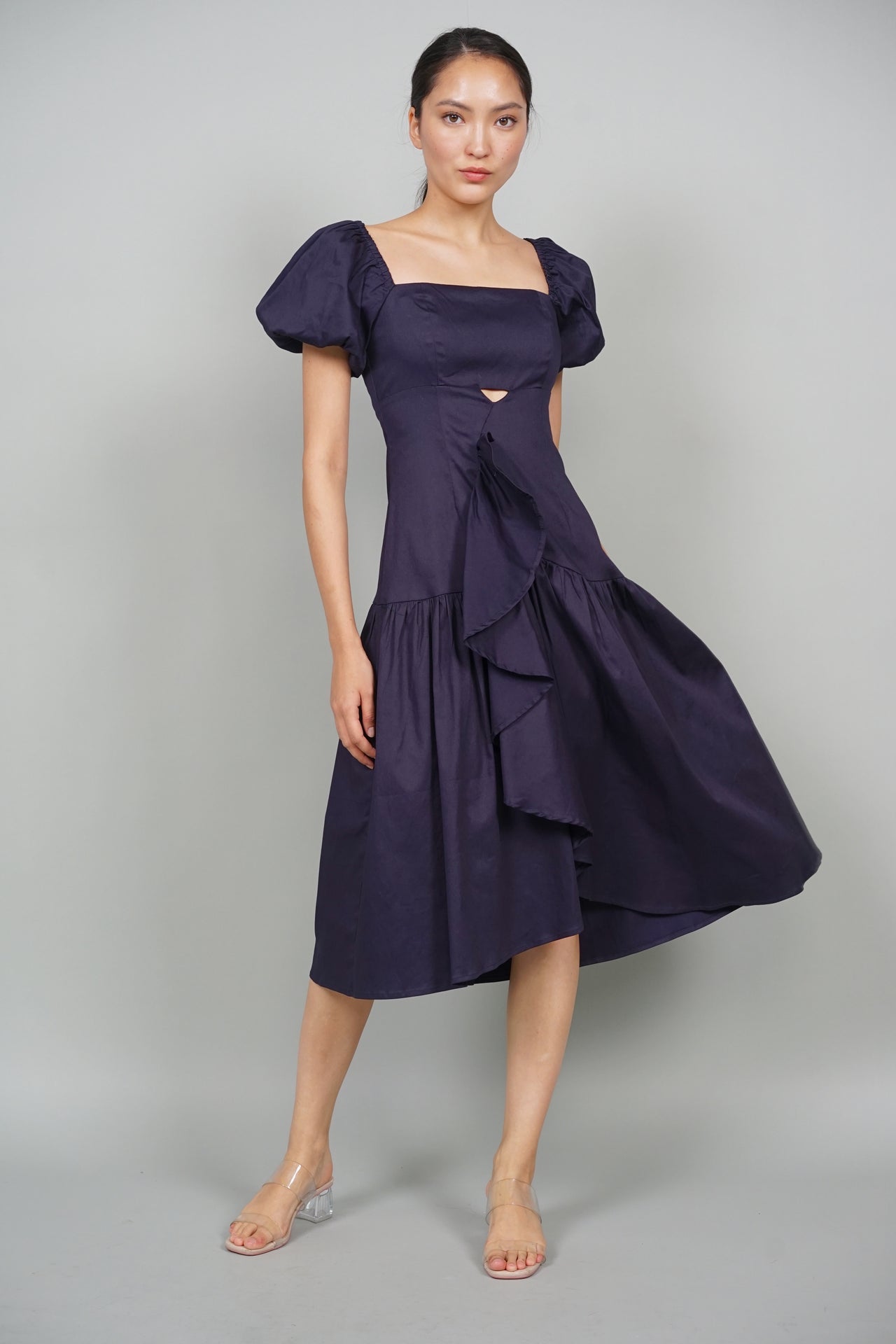 Syphon Frill Midi Dress in Midnight