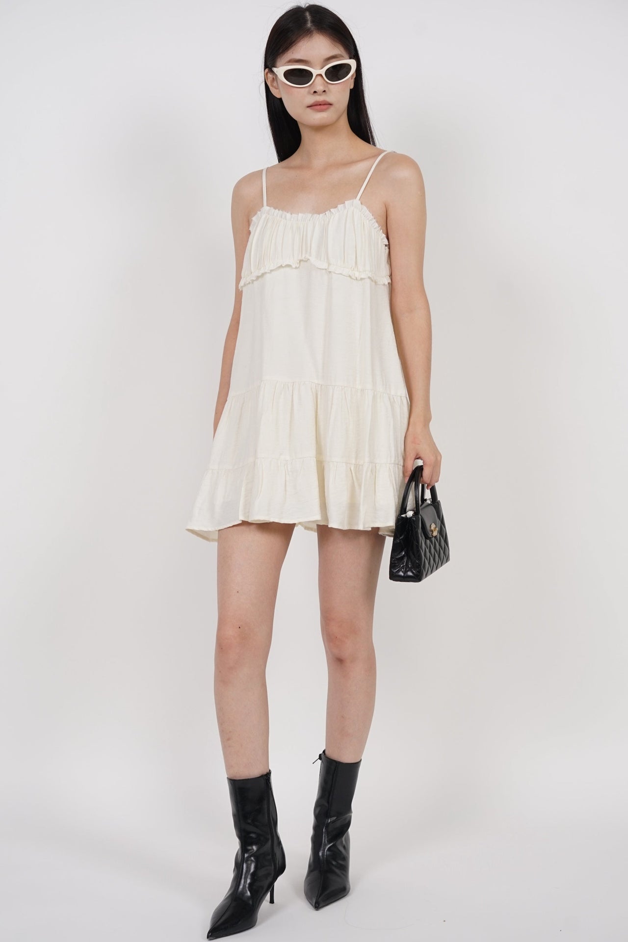 Ruched Gathered Flare Dress in White