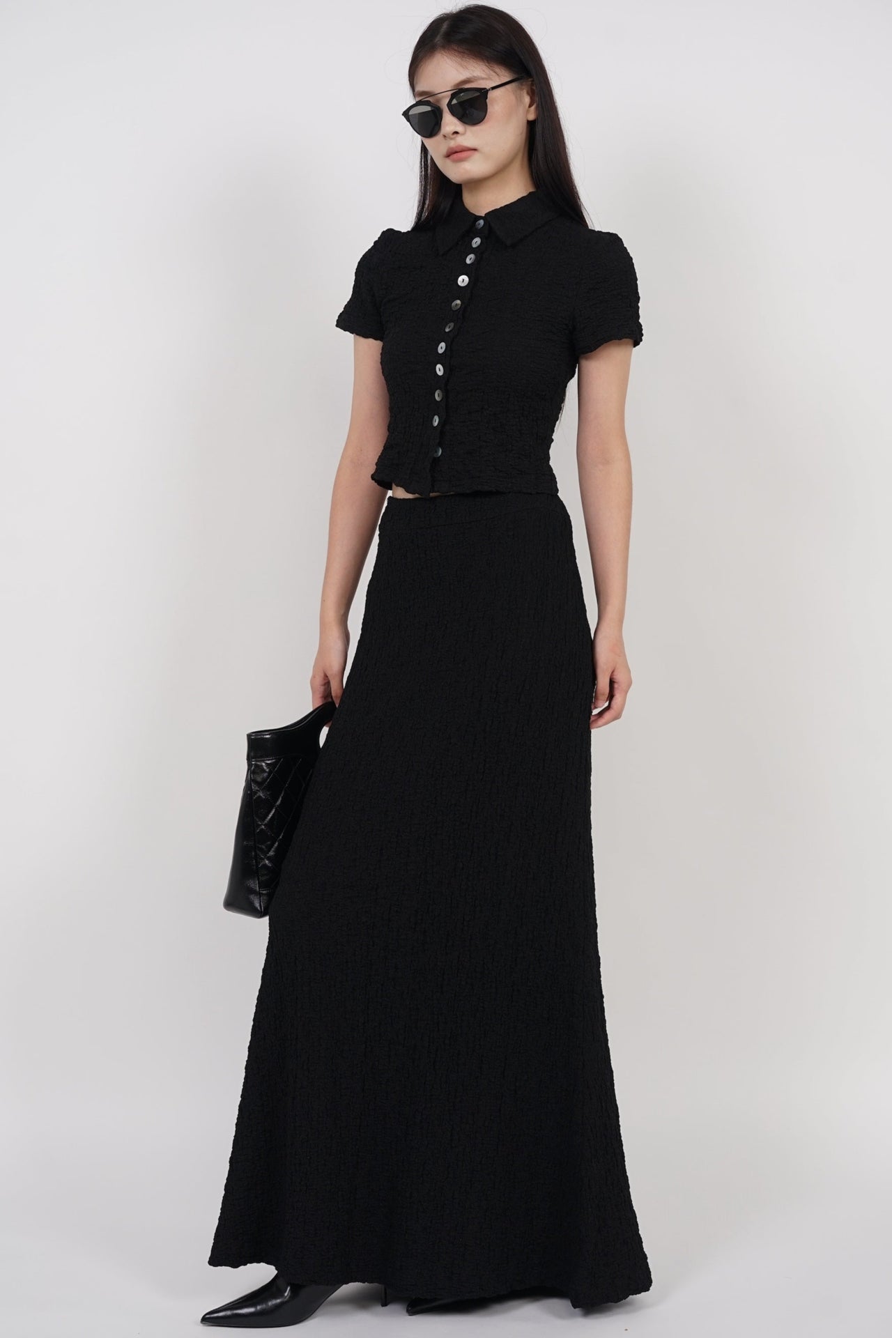 Textured Long Flute Skirt in Black