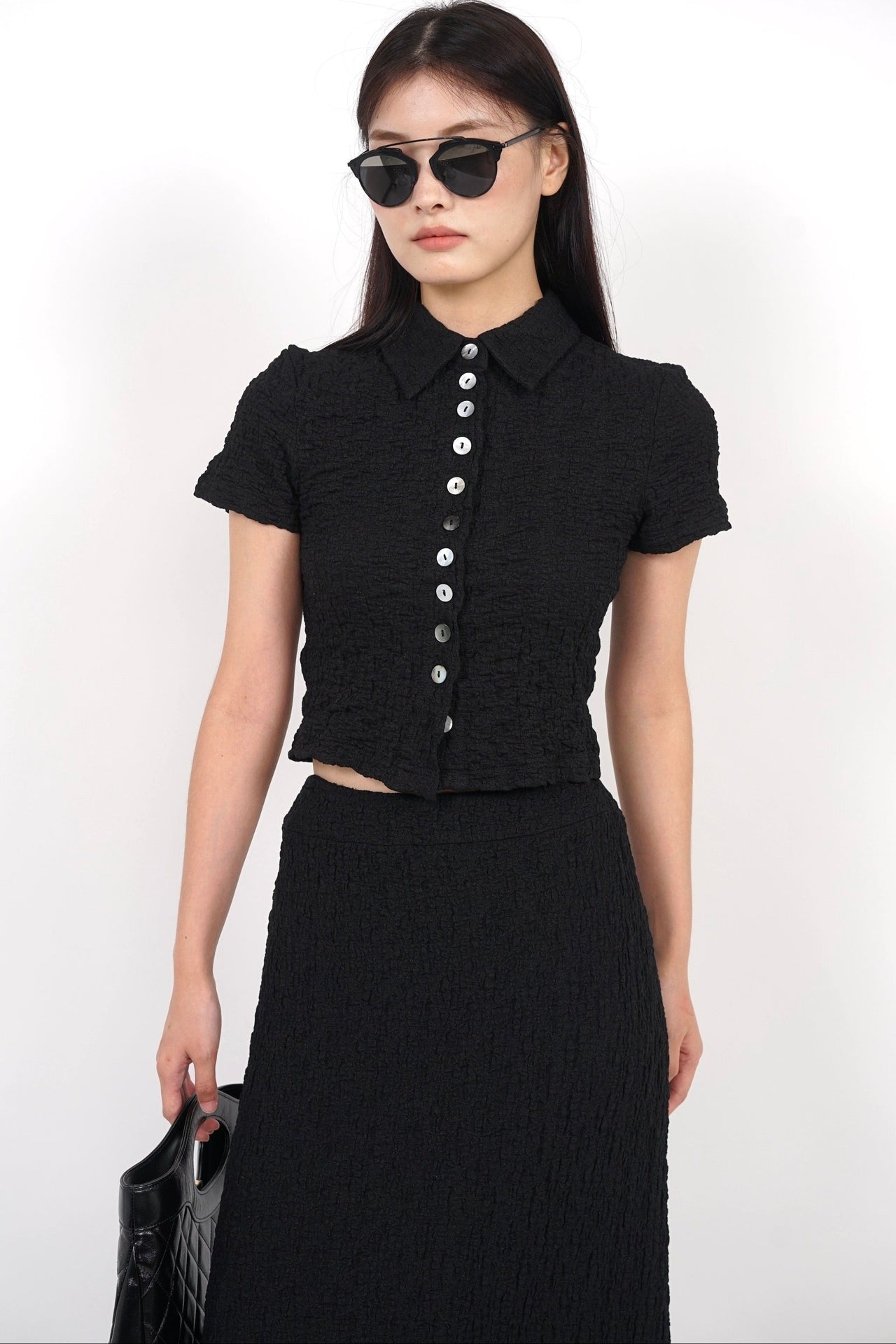 Textured Polo Buttoned Top in Black