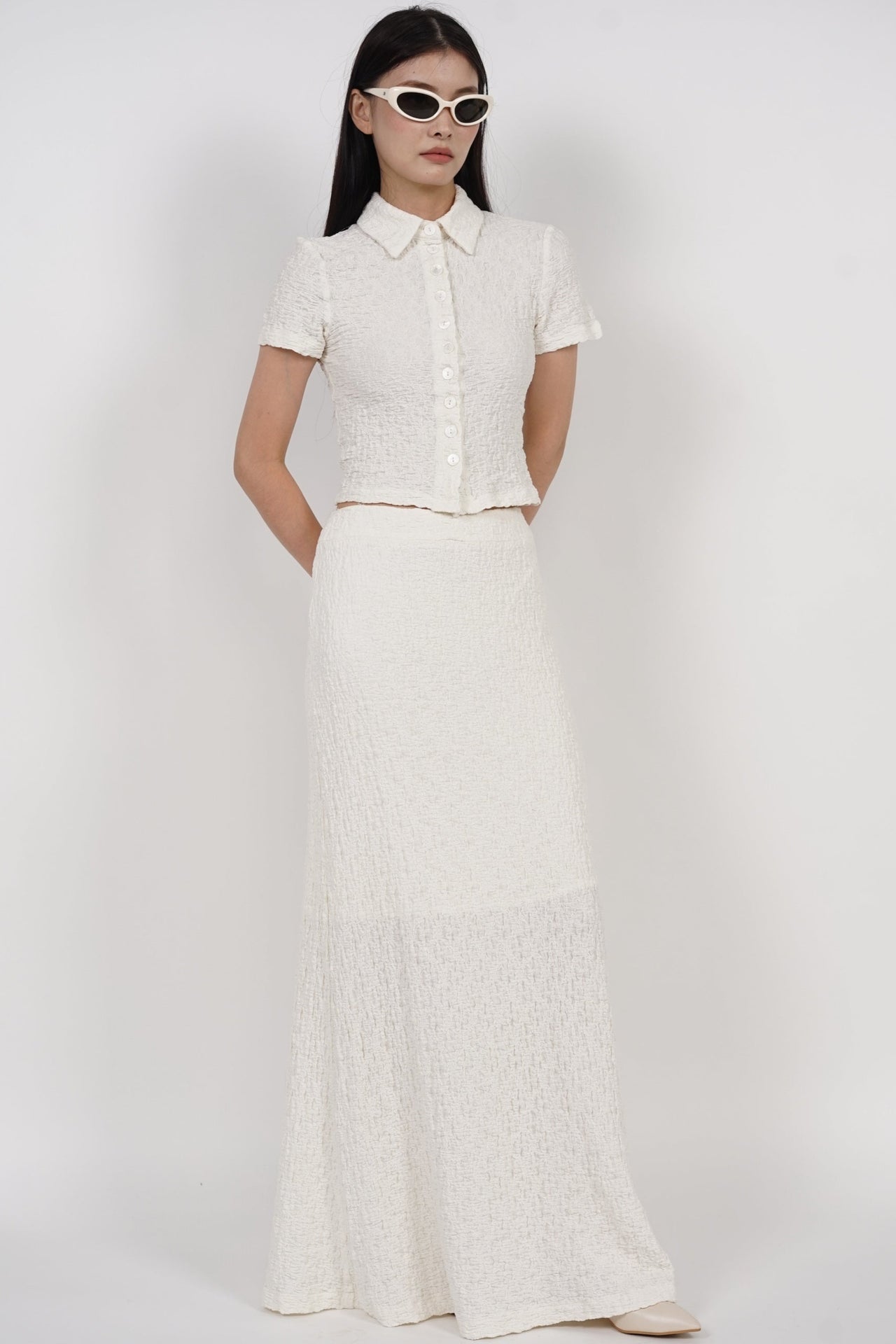 Textured Long Flute Skirt in Cream