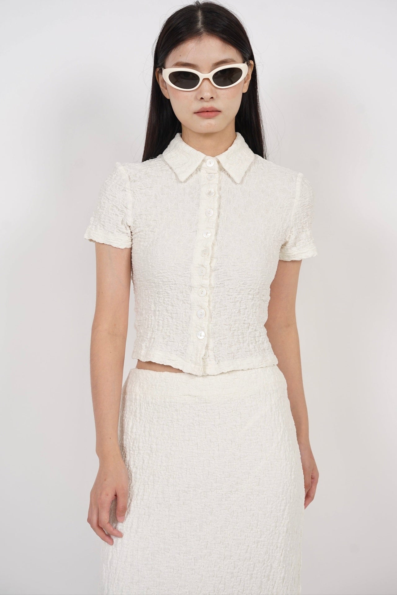 Textured Polo Buttoned Top in Cream