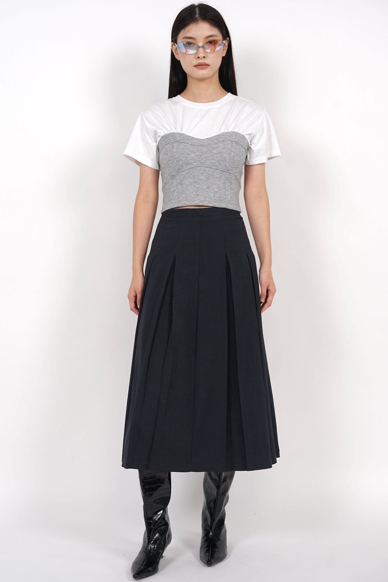 Box Pleated Skirt in Midnight Grey